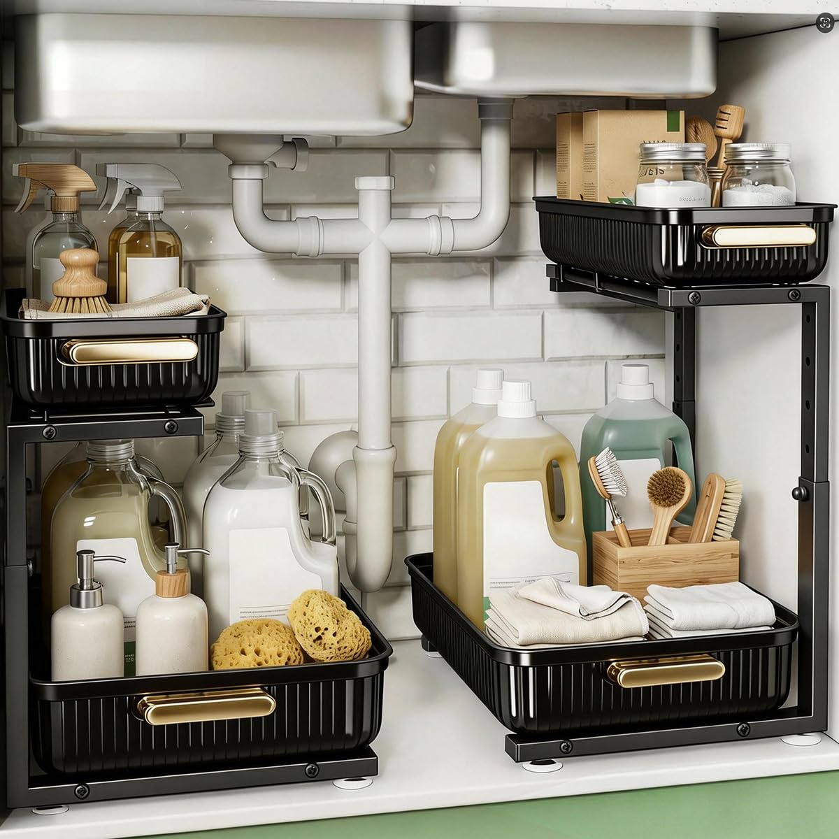 Phewnyzo  Under Sink Organizer 2 pack Multi Purpose Pull Out Storage Shelf Slide Out Cabinet Organizer for Kitchen Bathroom Easy to Clean Durable