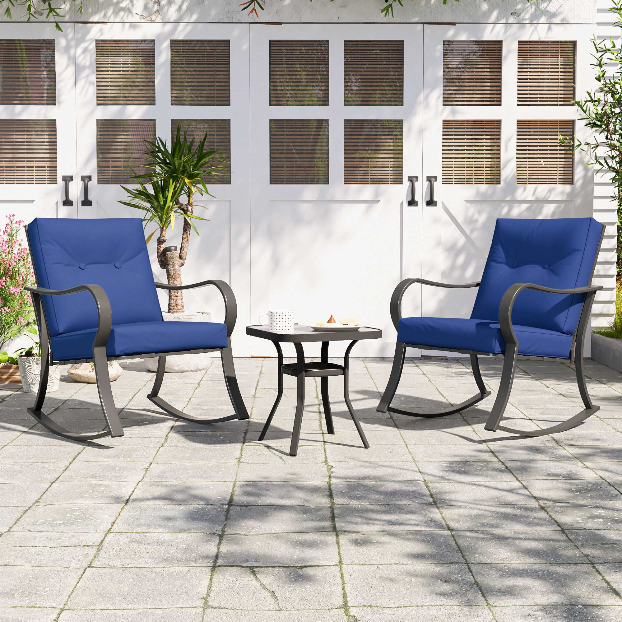Aok Garden Patio Furniture Set 3-Piece Garden Rocking Chair Deck Steel Chair Bistro Sets With Thick Cushions Tempered Glass Table Navy Blue
