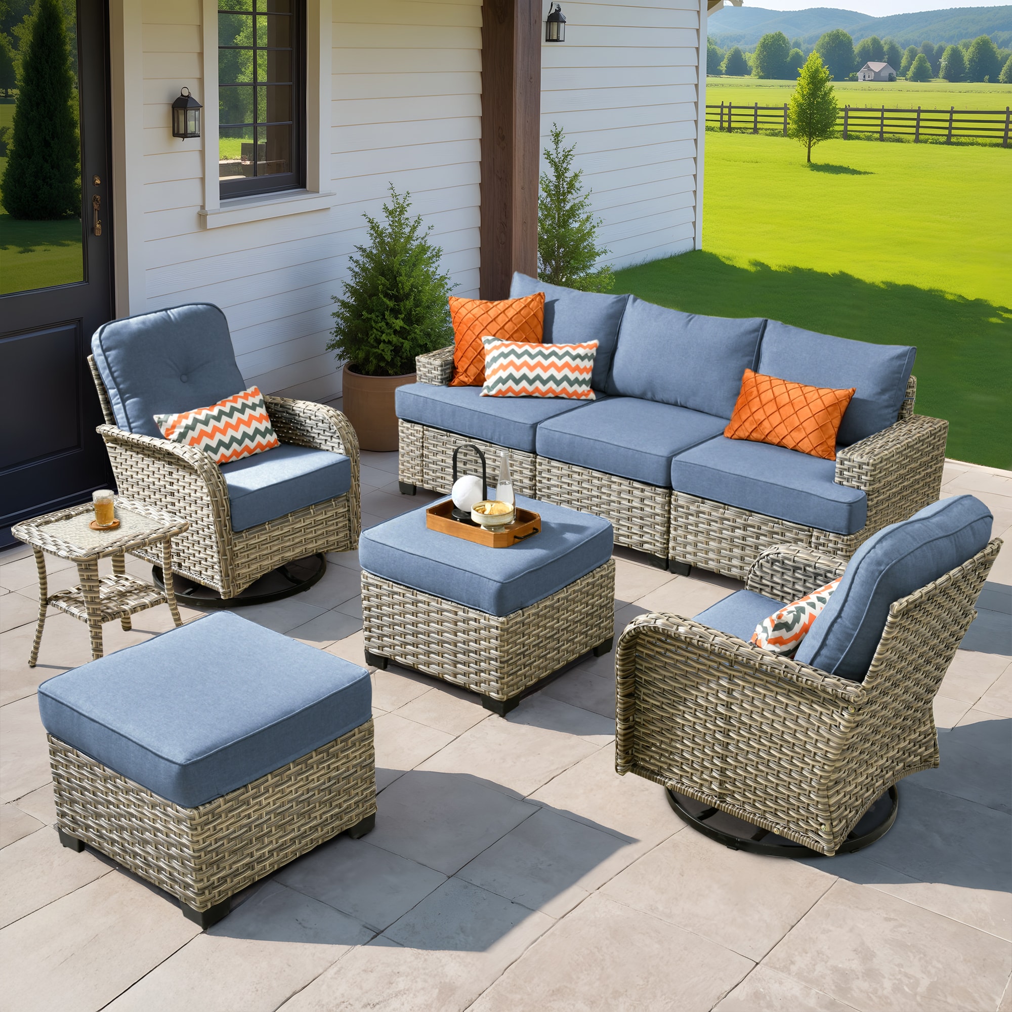 XIZZI XITBS5063-VNCRC Agate 6 -Piece Rattan Patio Sofa Conversation Set with Blue Cushions