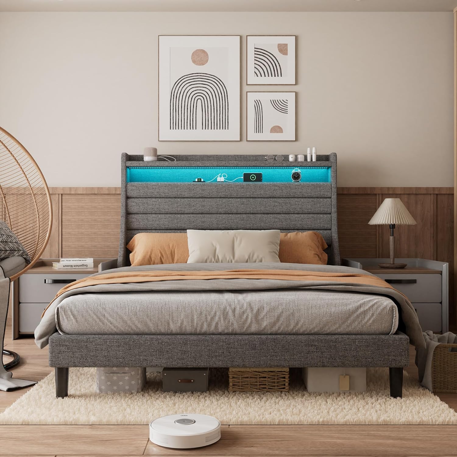 Qeetex DHZ-PHO-34497SNU Queen Size Bed Frame with Headboard Upholstered Platform Bed with Charging Station and LED Lights Sturdy Wooden Slats Support Bed Frame Easy Assembly No Box Spring Needed Grey