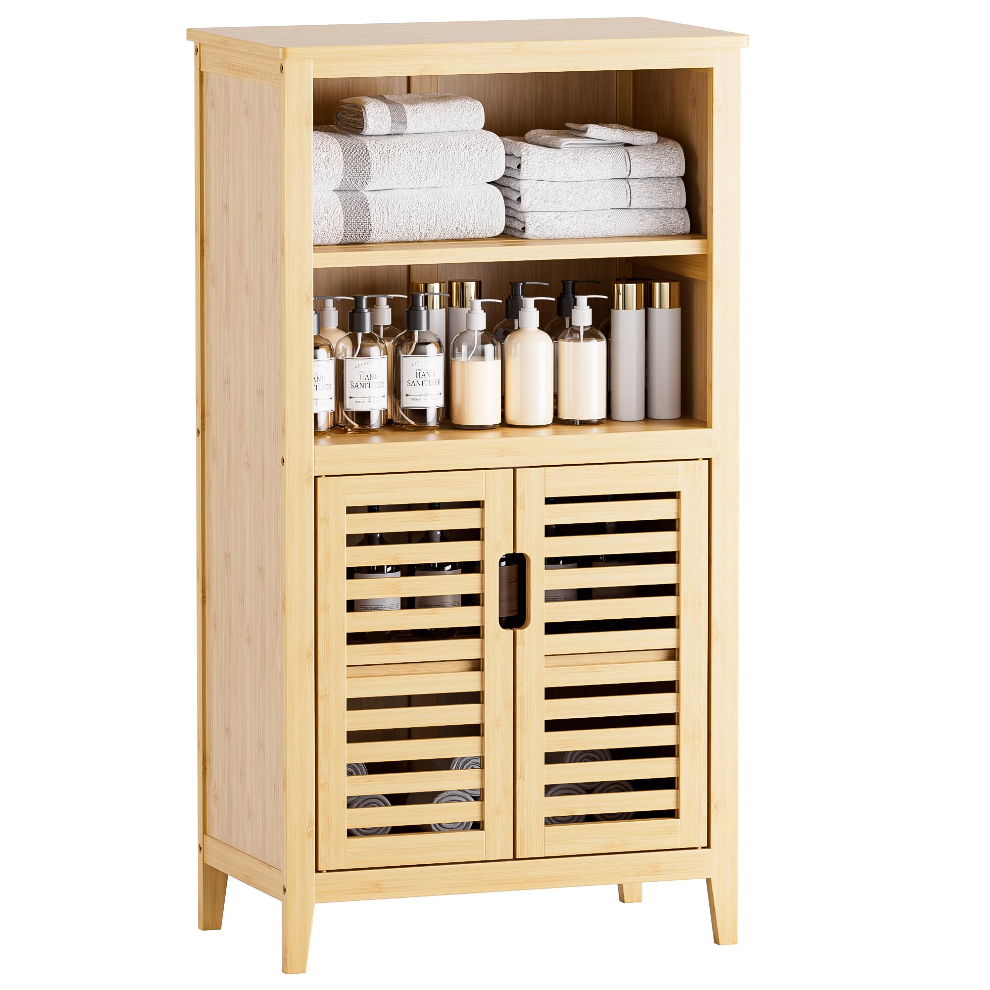 KIWDZFU  Bathroom Cabinet Freestanding Bamboo Storage Cabinet 5 Tier Floor Cupboard with Door and Shelf for Bathroom Kitchen Hallway Natural