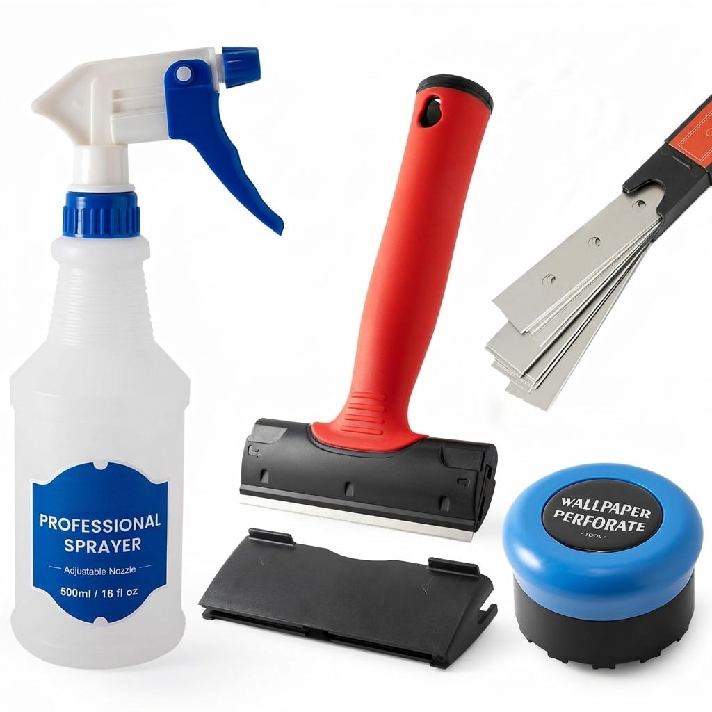 LAIFUCAM  Wallpaper Removal Kit with Perforating Scoring Tool 4 Inch Razor Blade Scraper 30 pcs Blades and Spray Bottle for Vinyl Adhesive