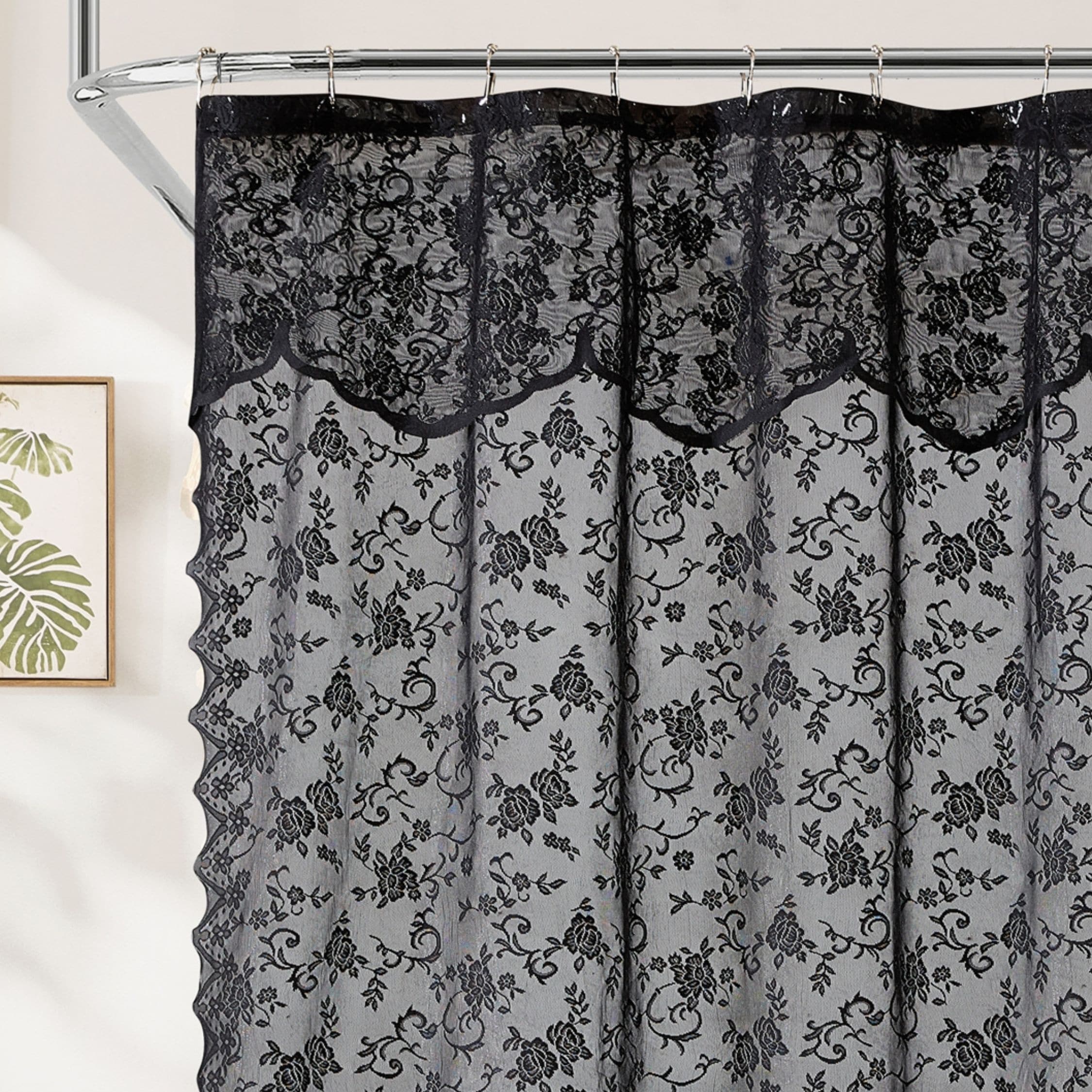 HLC.me HRPR-SHWR-84-BLK Harper Lace Shower Curtain Bathroom Floral Vine Design and Attached Valance - Victorian Classic