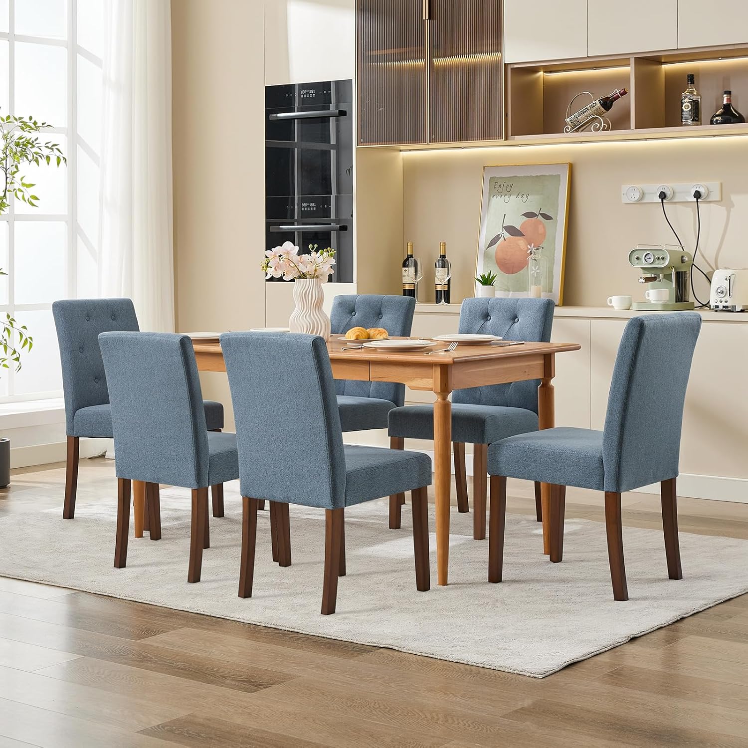 Qeetex - Upholstered Dining Chairs Set of 6 - Modern Fabric Kitchen Side Chairs with Sturdy Wood ...