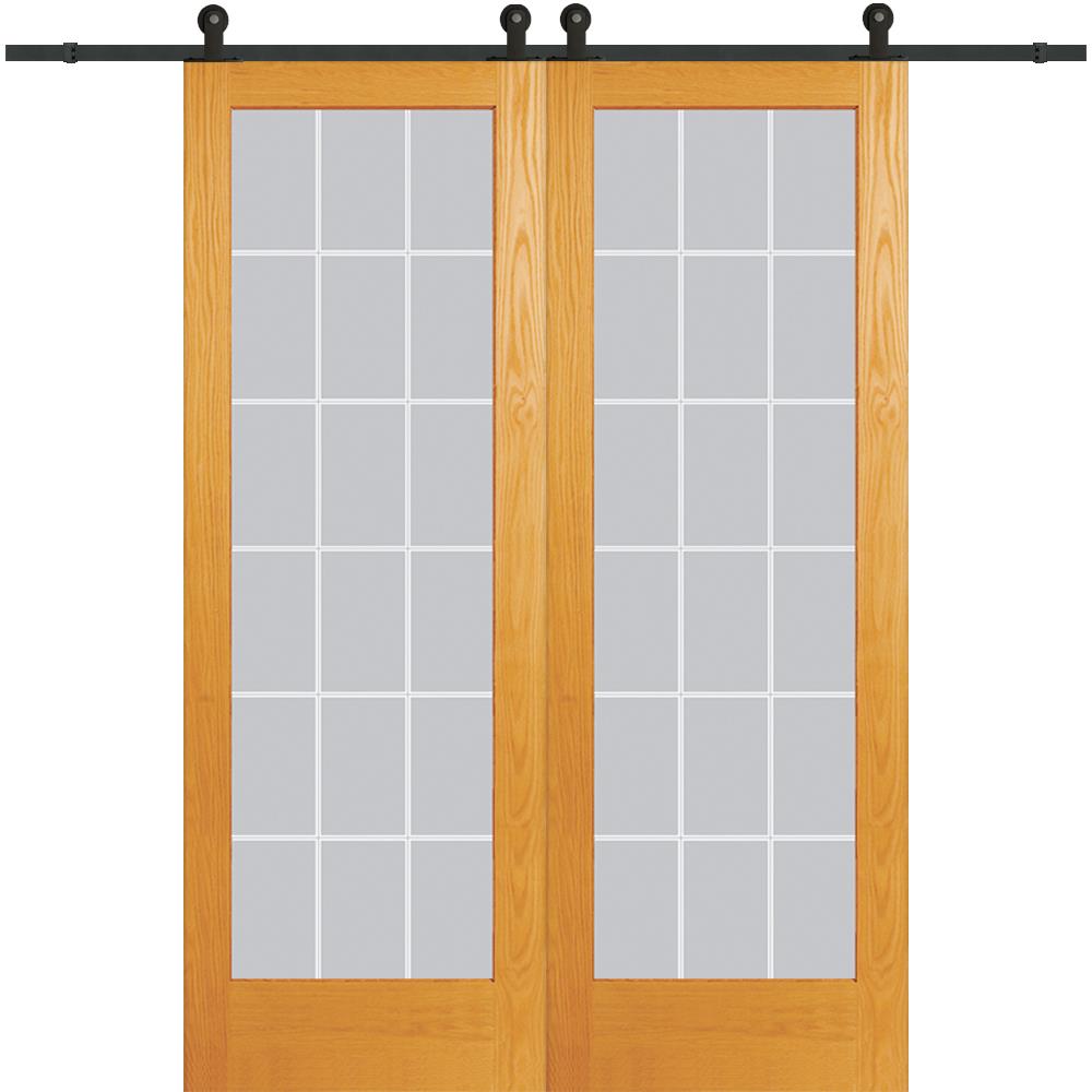 MMI DOOR ZL20170 60-in x 96-in Unfinished Pine Clear Glass Solid Core Unfinished Pine Veneer Double Barn Door (Hardware Included)