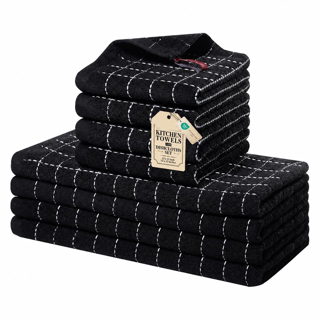 Etokfoks  Black Checkered Cotton Kitchen Towels Set Super Absorbent Soft Terry Dish Towels and Dishcloths Set of 8