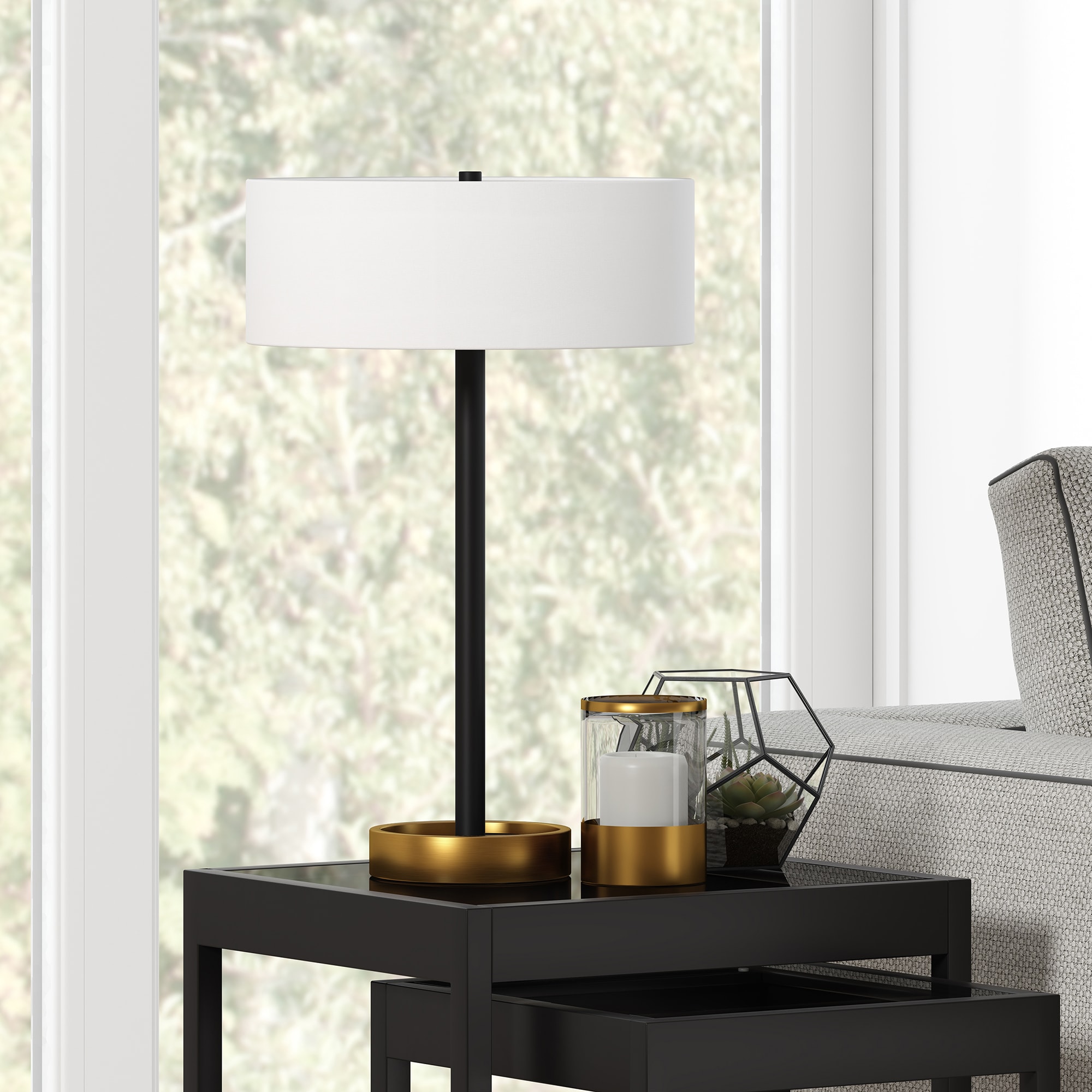 Hailey Home Estella 2400-in Matte Black/Brass Table Lamp with Fabric ...