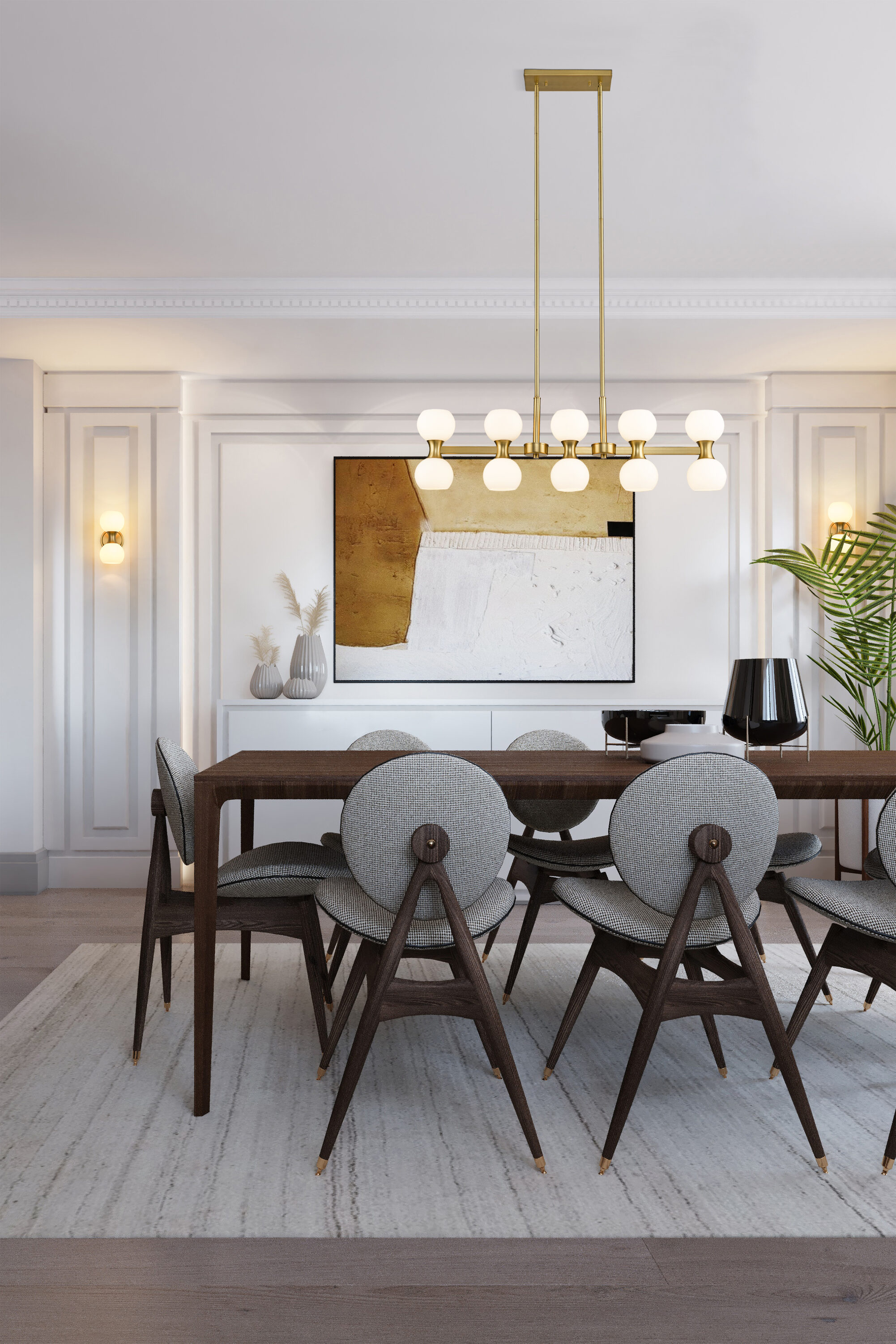 Gold and Opal Glass 10-Light Linear Chandelier