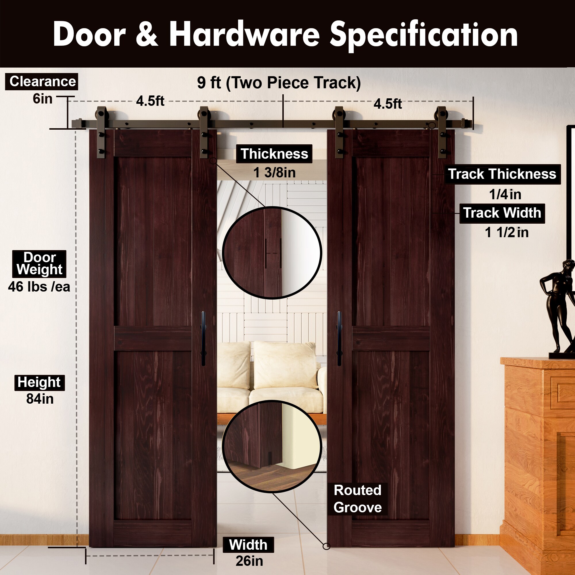 HOMACER YT2TGH108C-2684-H-RD Barn-Doors - View #7