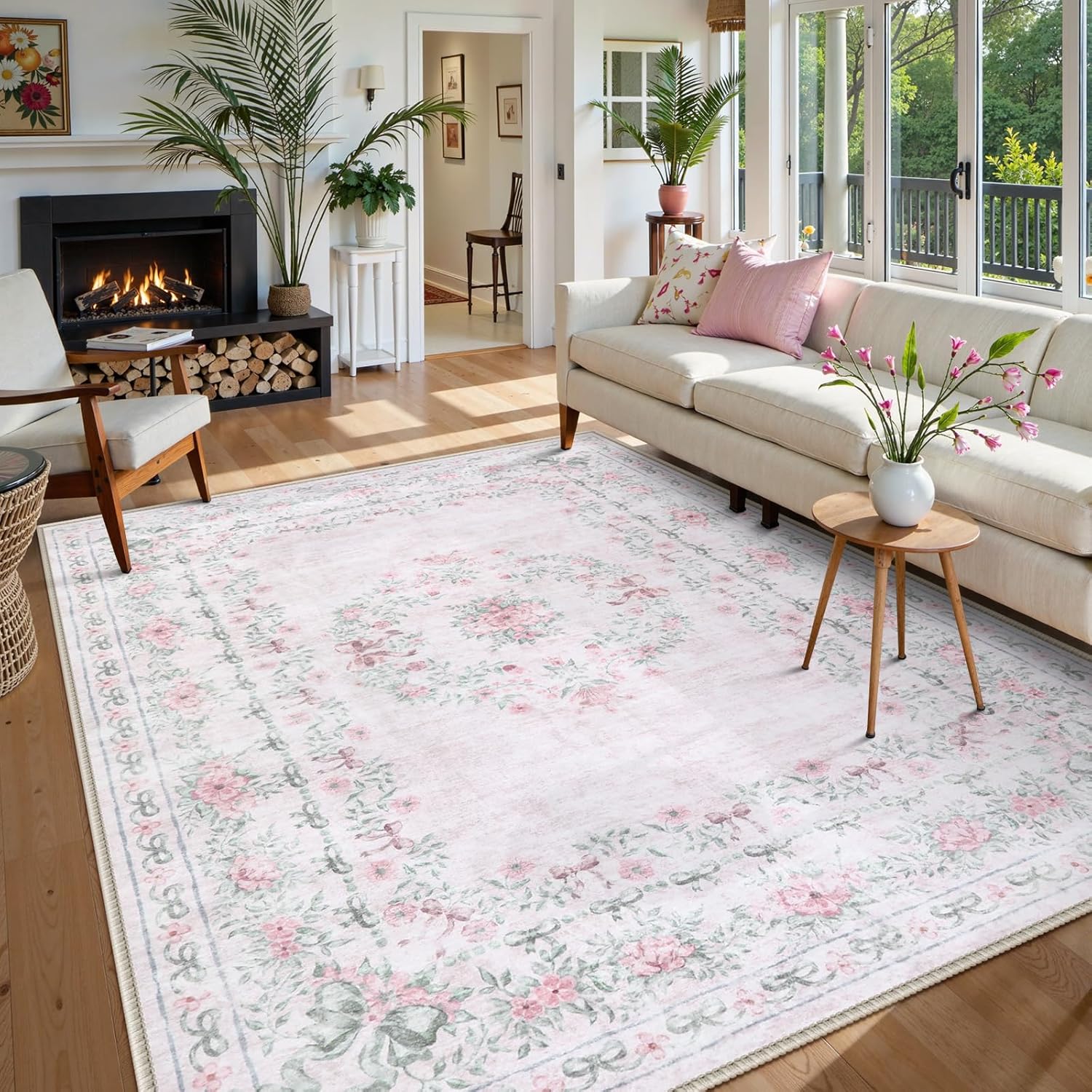 Lahome Floral Bow Collection 8x10(ft) Machine Printed Polyester Area ...