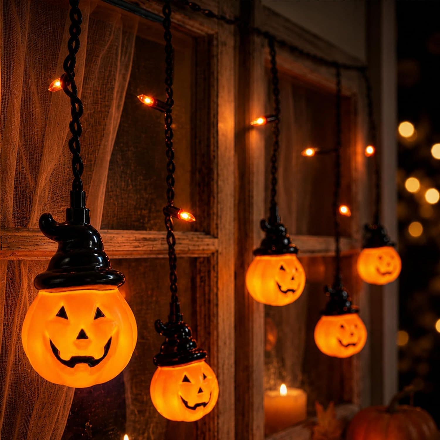 Segrass 7 ft Halloween Pumpkin Curtain String Lights 25 LED Plug-In with 10 Witch Hat Pumpkins and 15 Mini Bulbs Orange Light Black Wire IP44 Rated UL Listed Connectable Indoor Outdoor Window Wall Decor