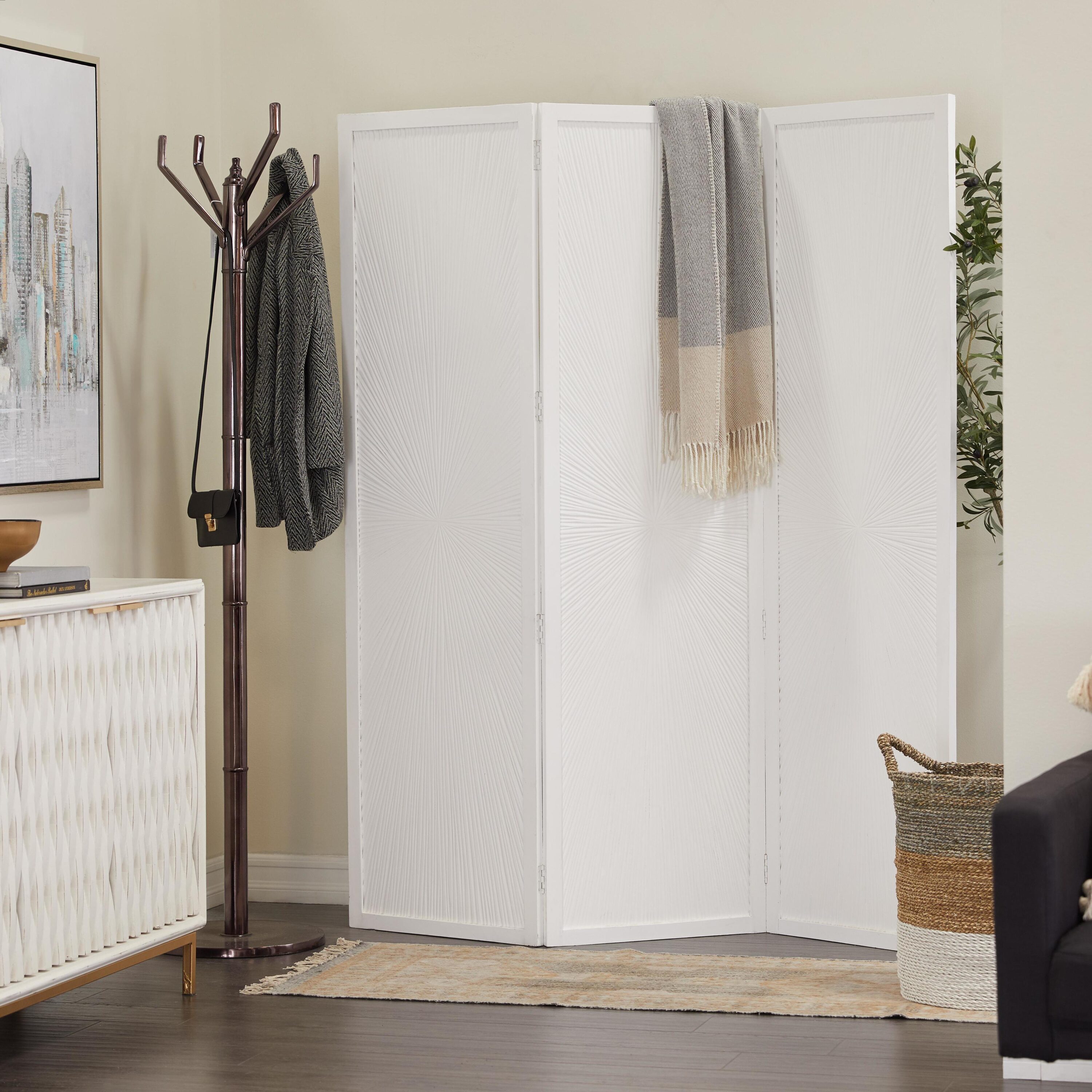 Grayson Lane 53575 3 -Panel White Hinged Foldable 3 Panel with Carved Design Wood Contemporary/Modern Style Room Divider