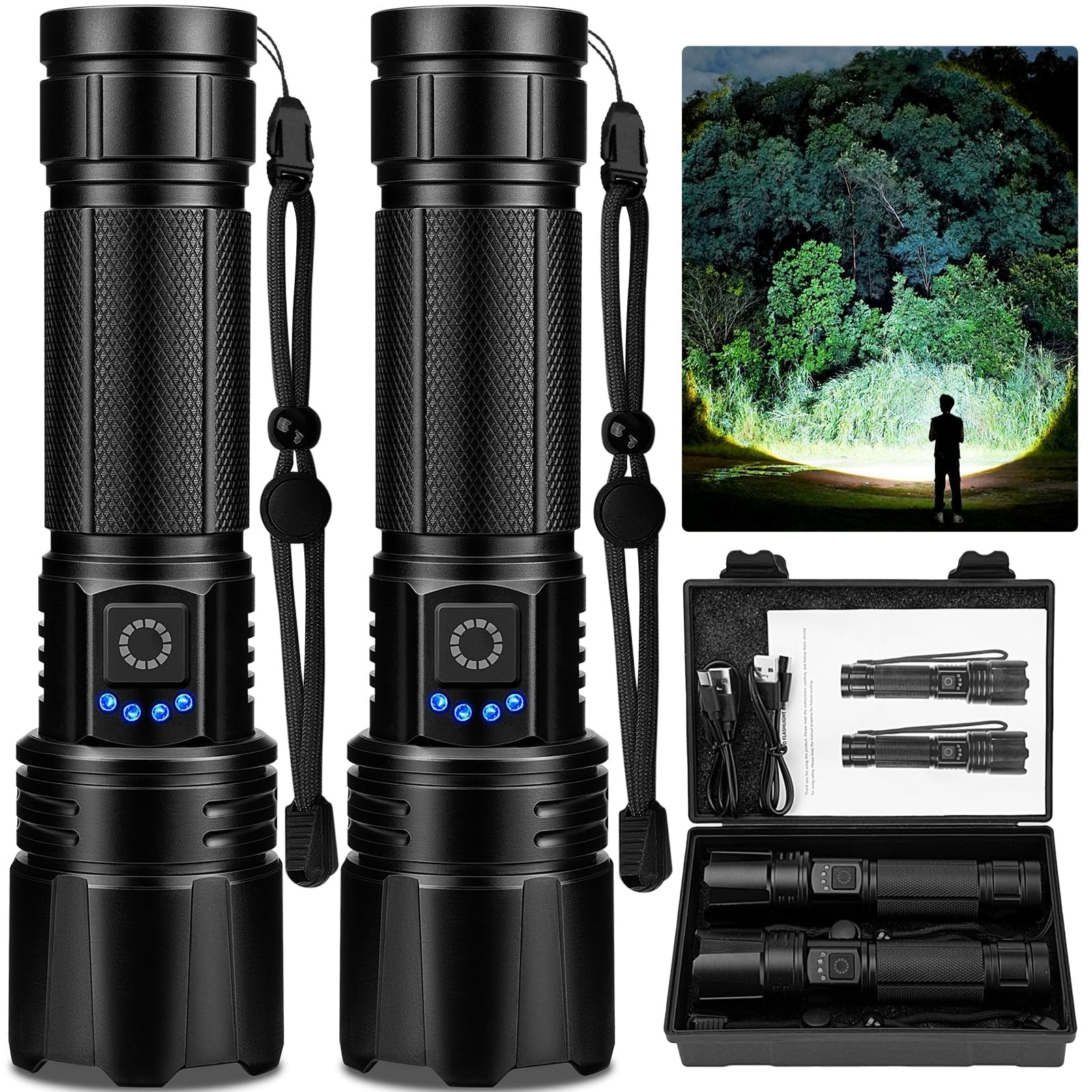 Justincity  2 Pack Rechargeable LED Flashlights 99000 Lumens Super Bright 5 Modes IPX7 Waterproof Aluminum Handheld for Outdoor Camping 3280 ft