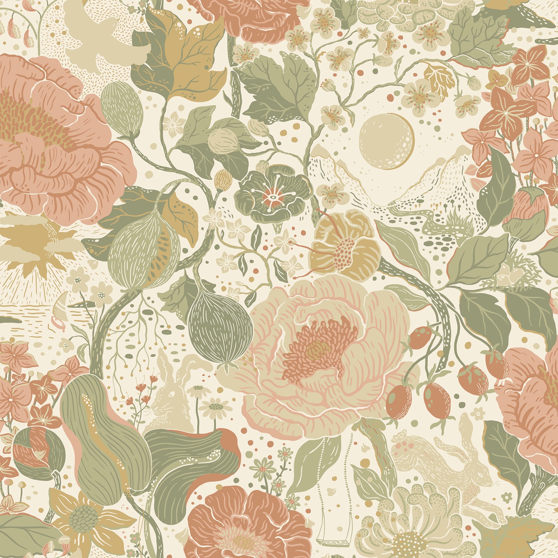 A-Street Prints 4111-63012 Växa Green Rabbits and Rosehips Wallpaper