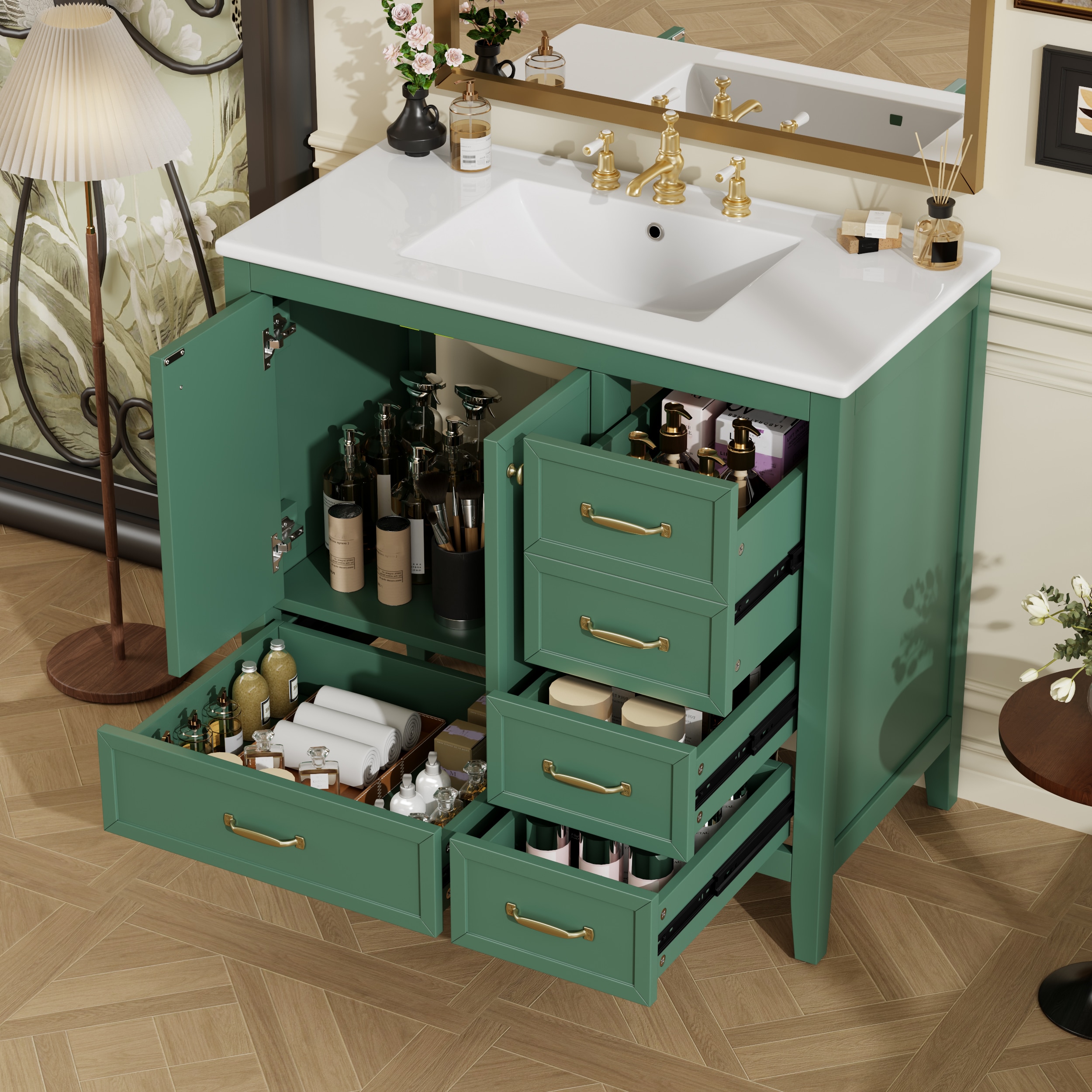 LOVMOR SF-WO-N759P293646F Bathroom Vanity with Sink Bathroom Cabinet Door 4 Drawersof Different Sizes Frame and Leg Green