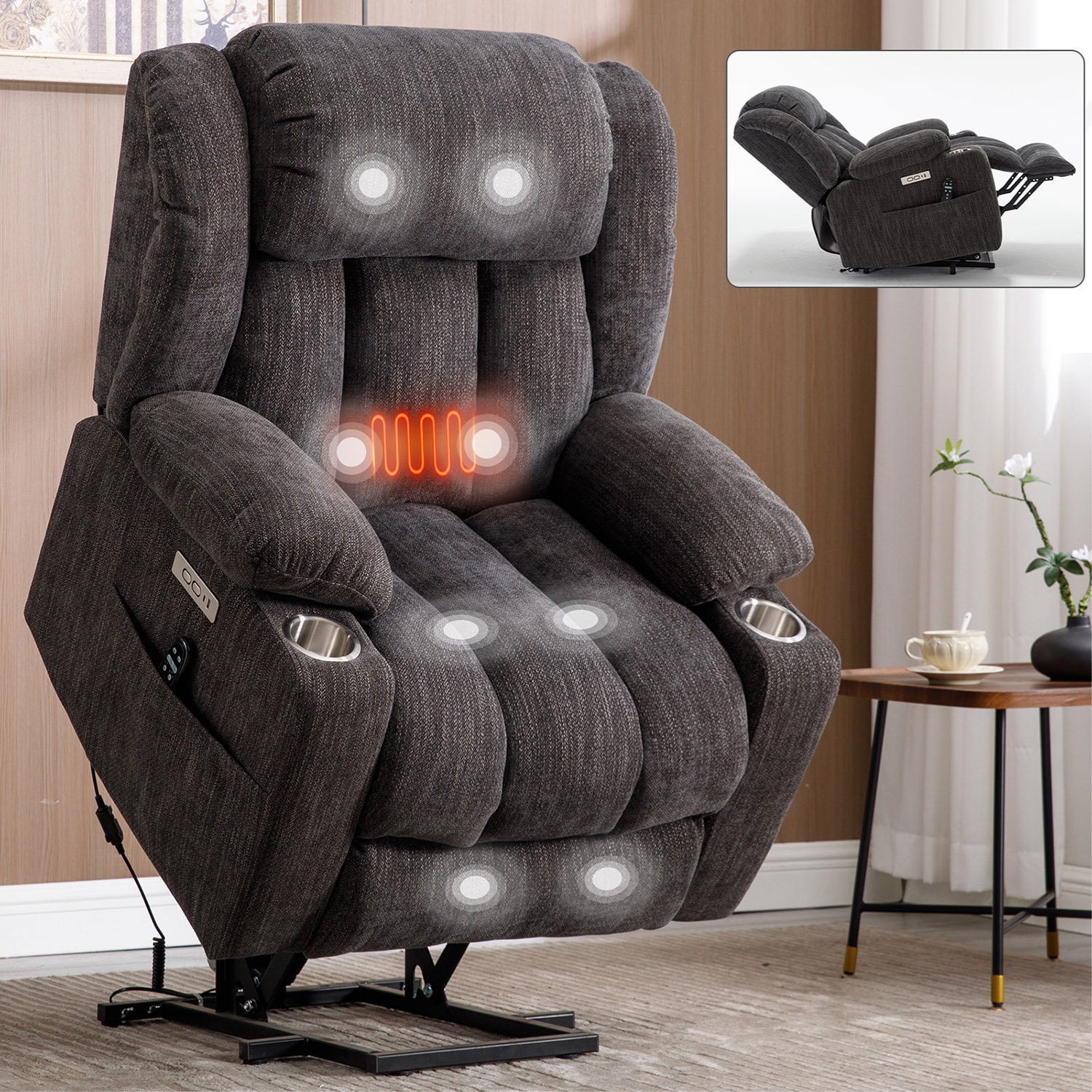 GZMR GZ-W2259 8-Point Vibration Massage Power Lift Recliner Gray Chenille Upholstered Powered Reclining Massage chair with Lift Assistance