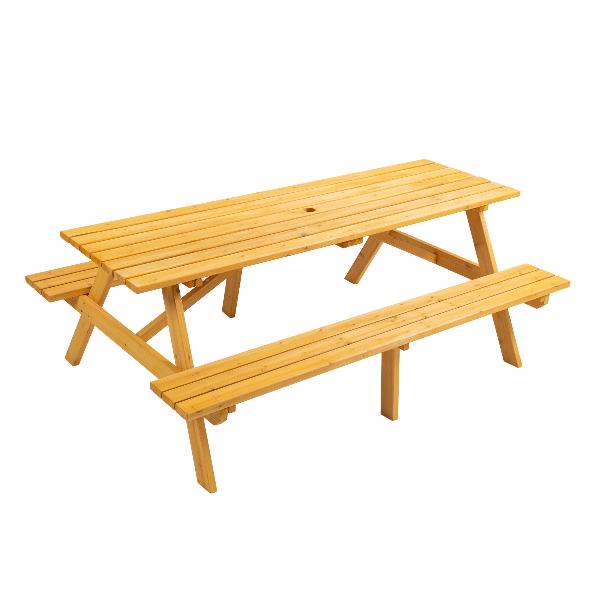 LOVMOR SF-H-W1422P253376 8 Person Acacia Picnic Table Set Built in Benches Umbrella Hole Weatherproof
