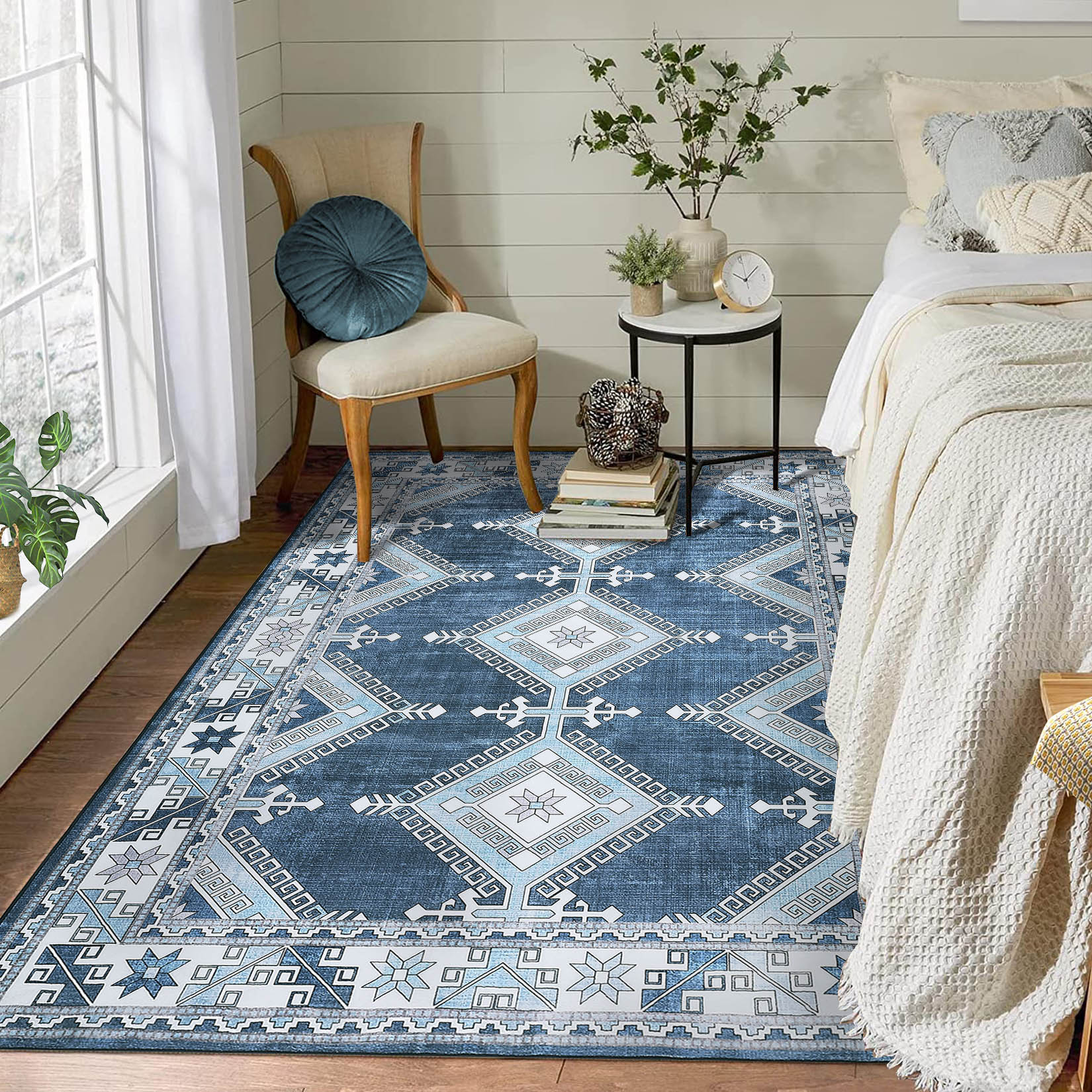 Garvee YXY-LO-PHO-0Z9UQKZZ 5 x 7 (ft) Loomed Polyester Gray Blue Rectangular Indoor Geometric Moroccan Machine washable Area rug