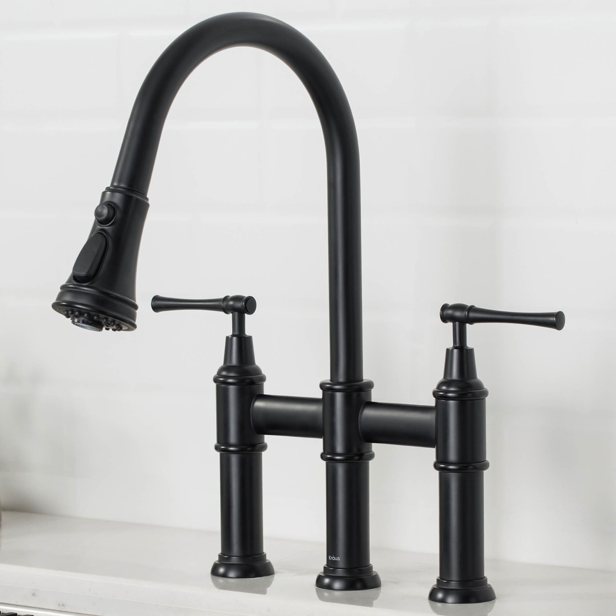 Kraus KPF-3121MB Allyn Matte Black Double Handle Deck-mount Bridge Kitchen Faucet with Sprayer