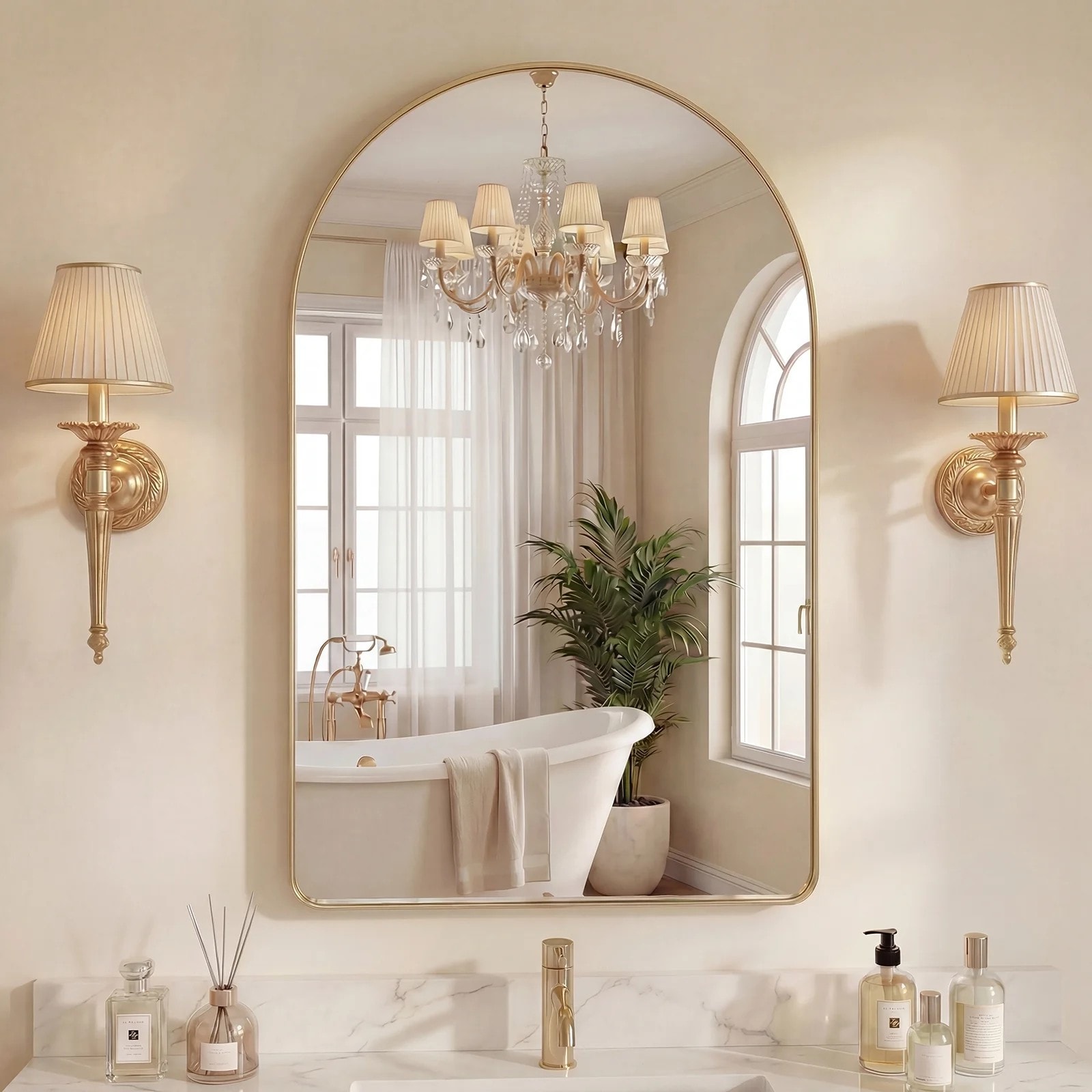 GlasFlength  20X30 Inch Arched Bathroom Wall Mirror Arched Rounded Rectangle Modern Vanity Mirror with Matte Metal Deep Frame for Home Decor Living Room Gold