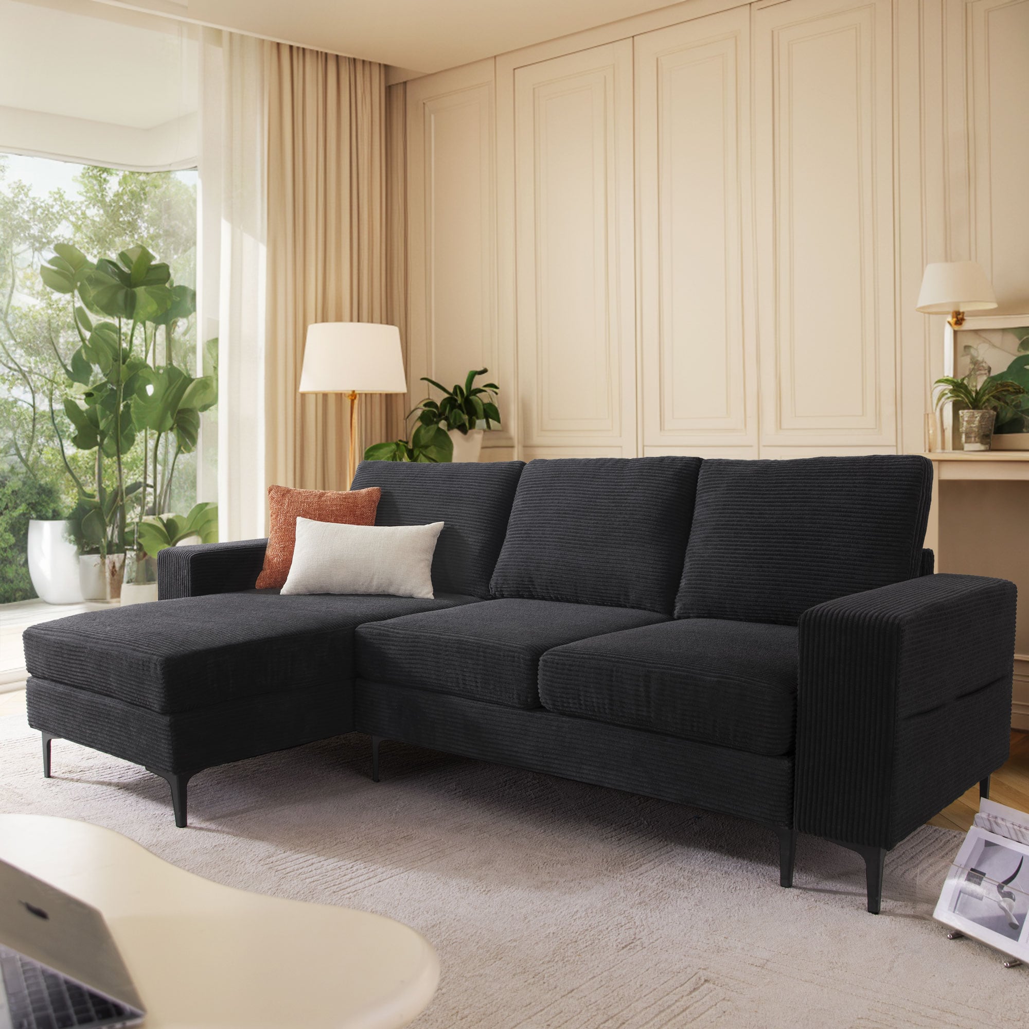 weaxty DCDCO2L400 96.85-Inches Modern Black Corduroy Sofa