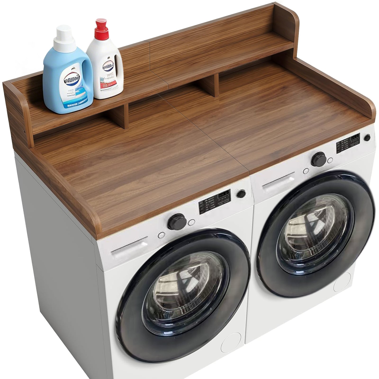 Wooakway Washer Dryer Countertop with Non-slip Pads Laundry Wood Shelf Topper with Edge 54-in Width x 27.5-in Depth Double Layer Organizer for Washer and Dryer Laundry Hamper Counter Storage Organization  DW