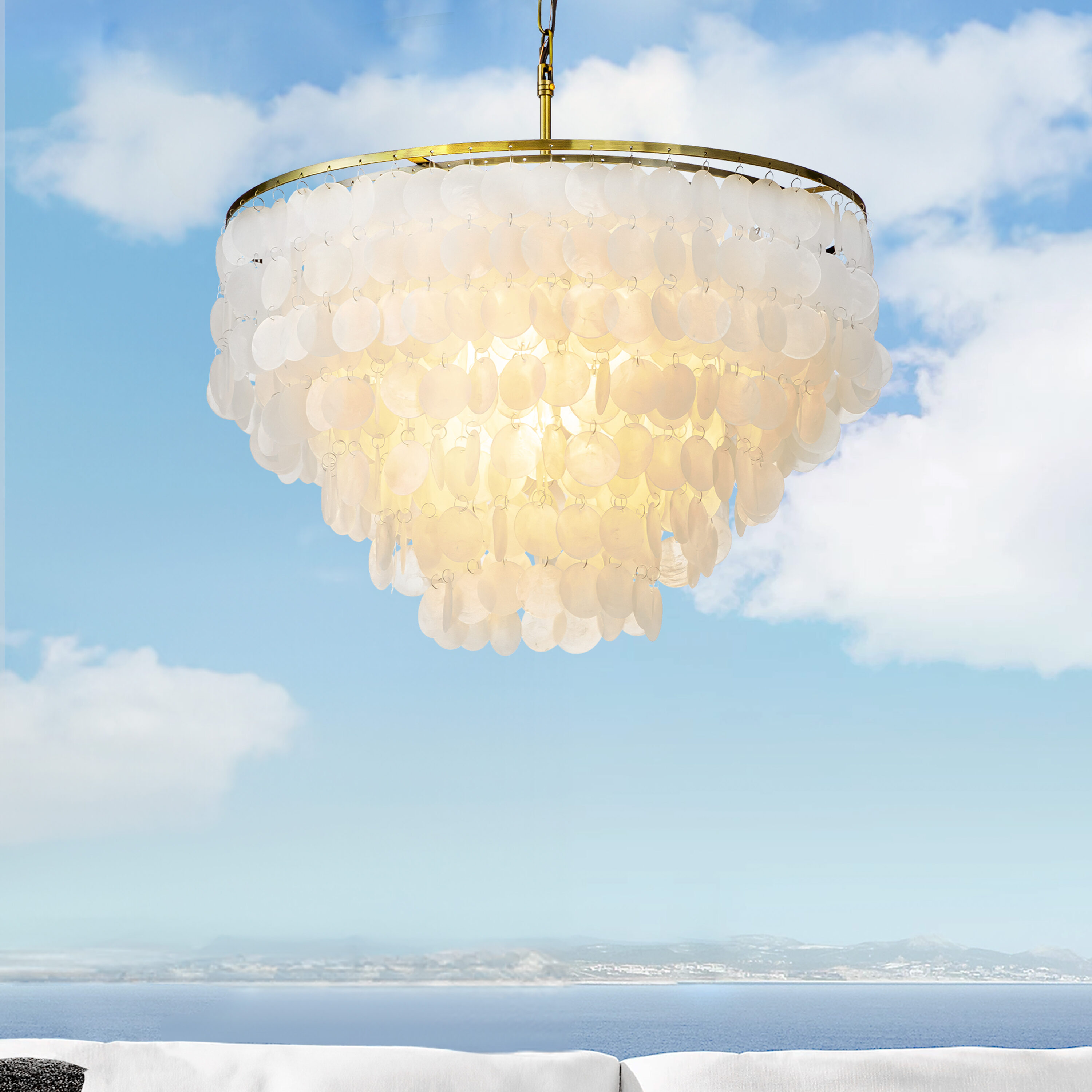 6-Light Coastal Natural Capiz Shell Tiered Chandelier With Antique Gold  Metal 