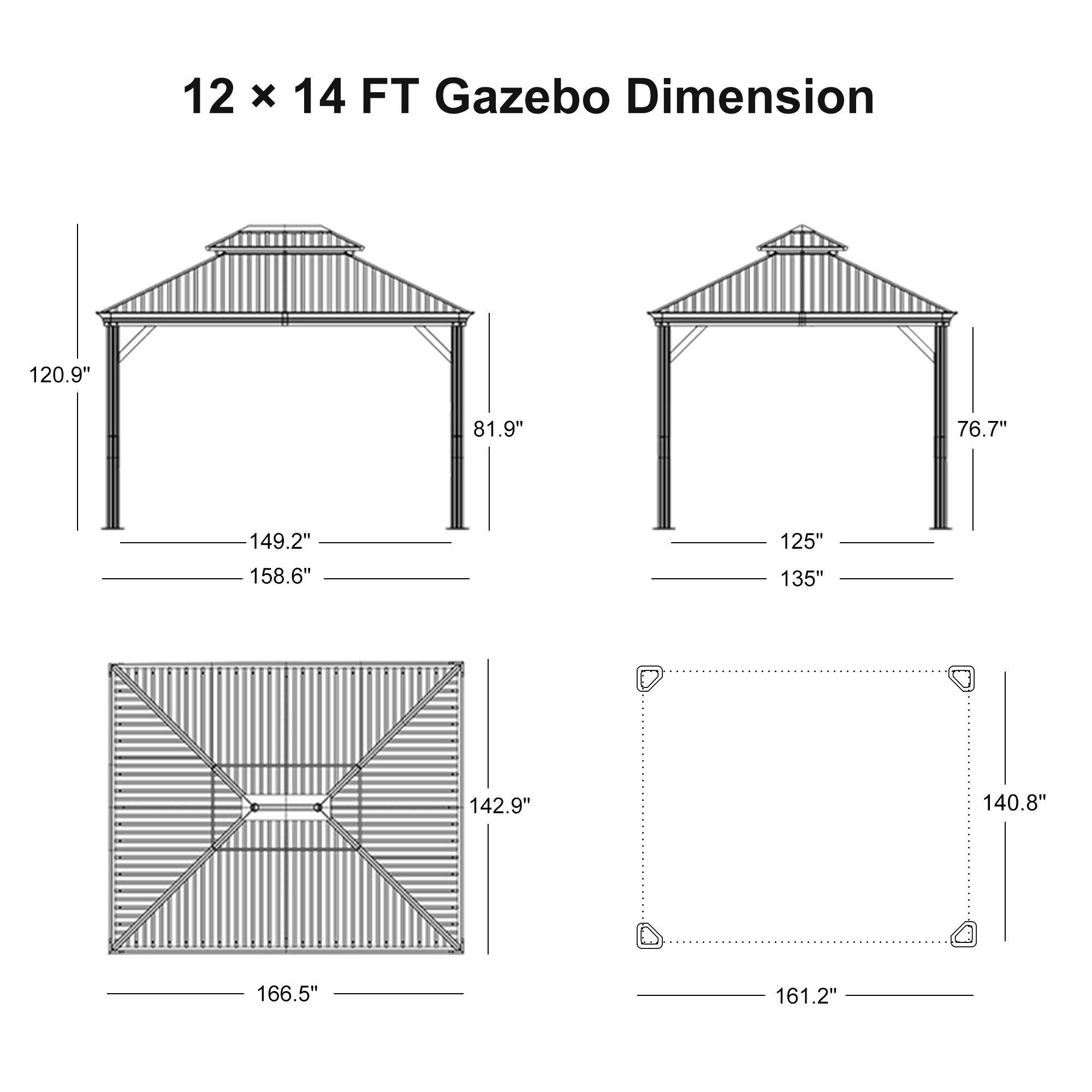 12' x 14' Gray Aluminum and Steel Hardtop Gazebo with Curtains