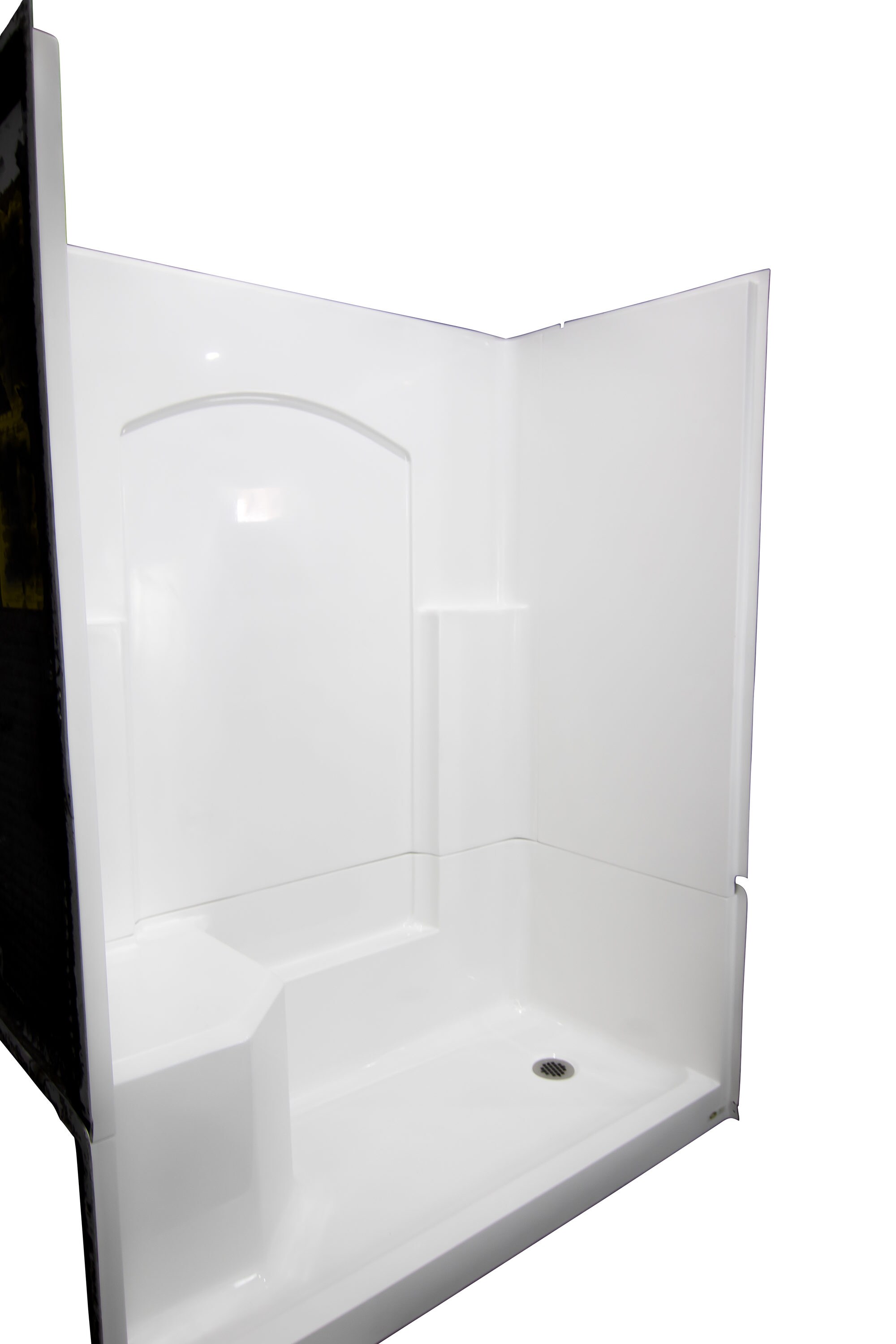 Laurel Mountain Ramer Low Threshold White 4-Piece 60-in x 32-in x 77-in Base/Wall Alcove Shower Kit with Integrated Seat (Right Drain) Drain Included