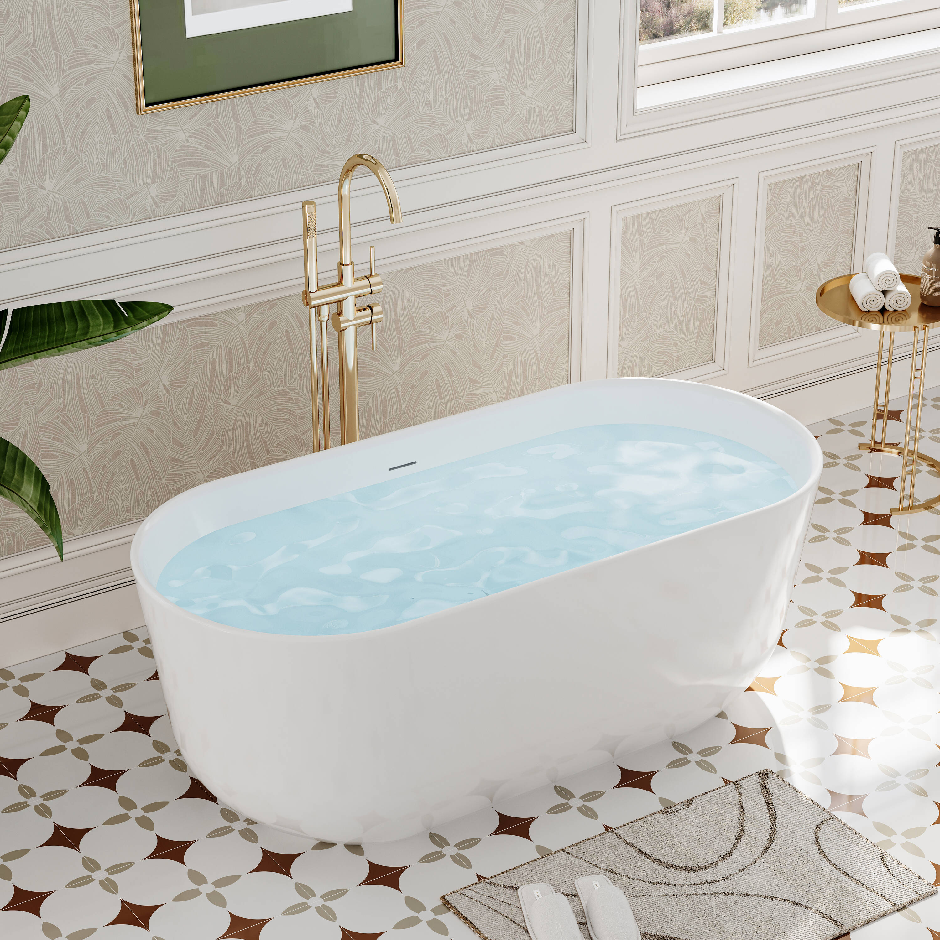 Forclover - Soaking Tub 28-in x 59-in Glossy White Acrylic Oval Freestanding Soaking Bathtub with...