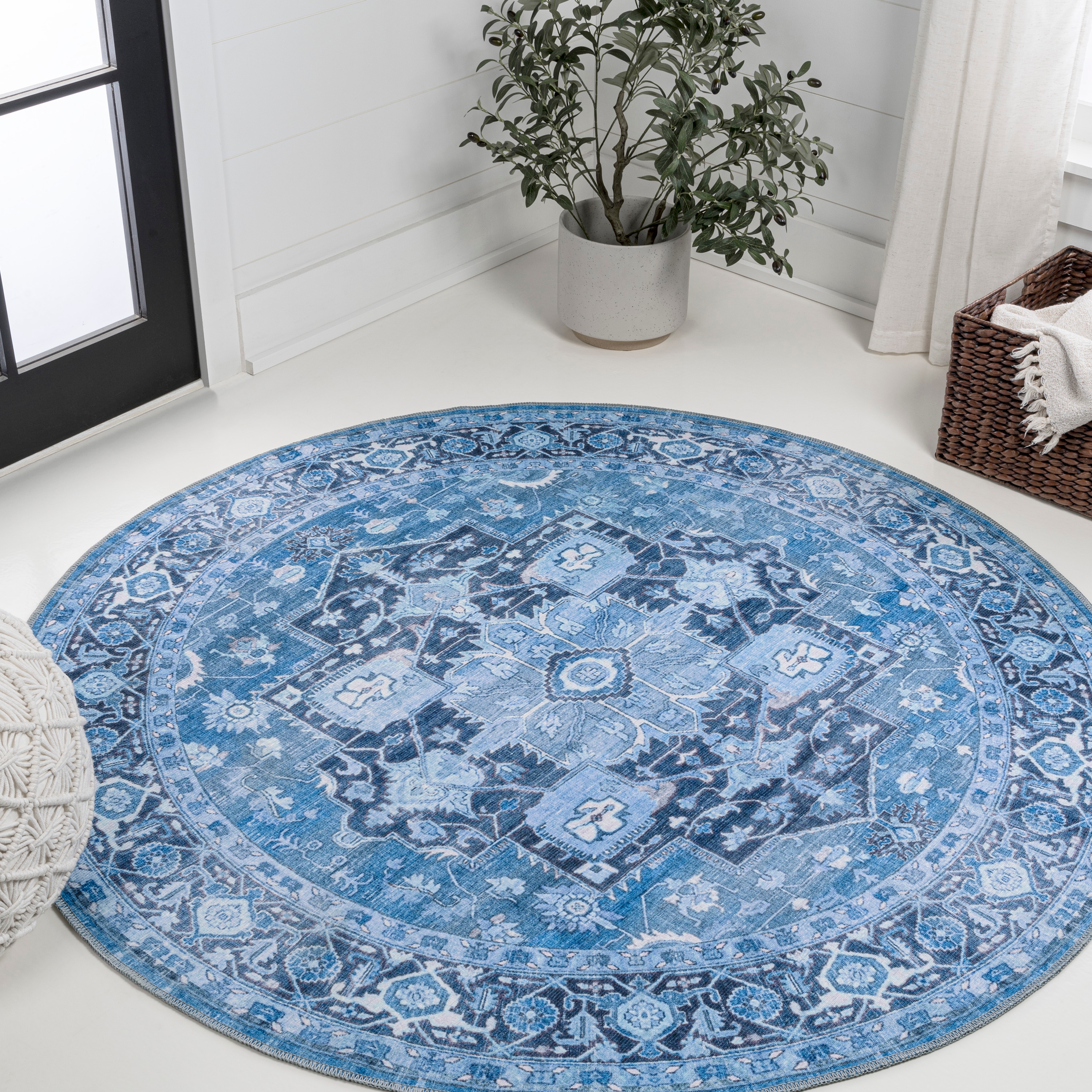 JONATHAN  Y WSH109B-6R WASHABLE Maris Ornate 6 x 6 (ft) Loomed Polypropylene Blue/Navy Round Indoor Medallion Bohemian/Eclectic Machine washable Area rug