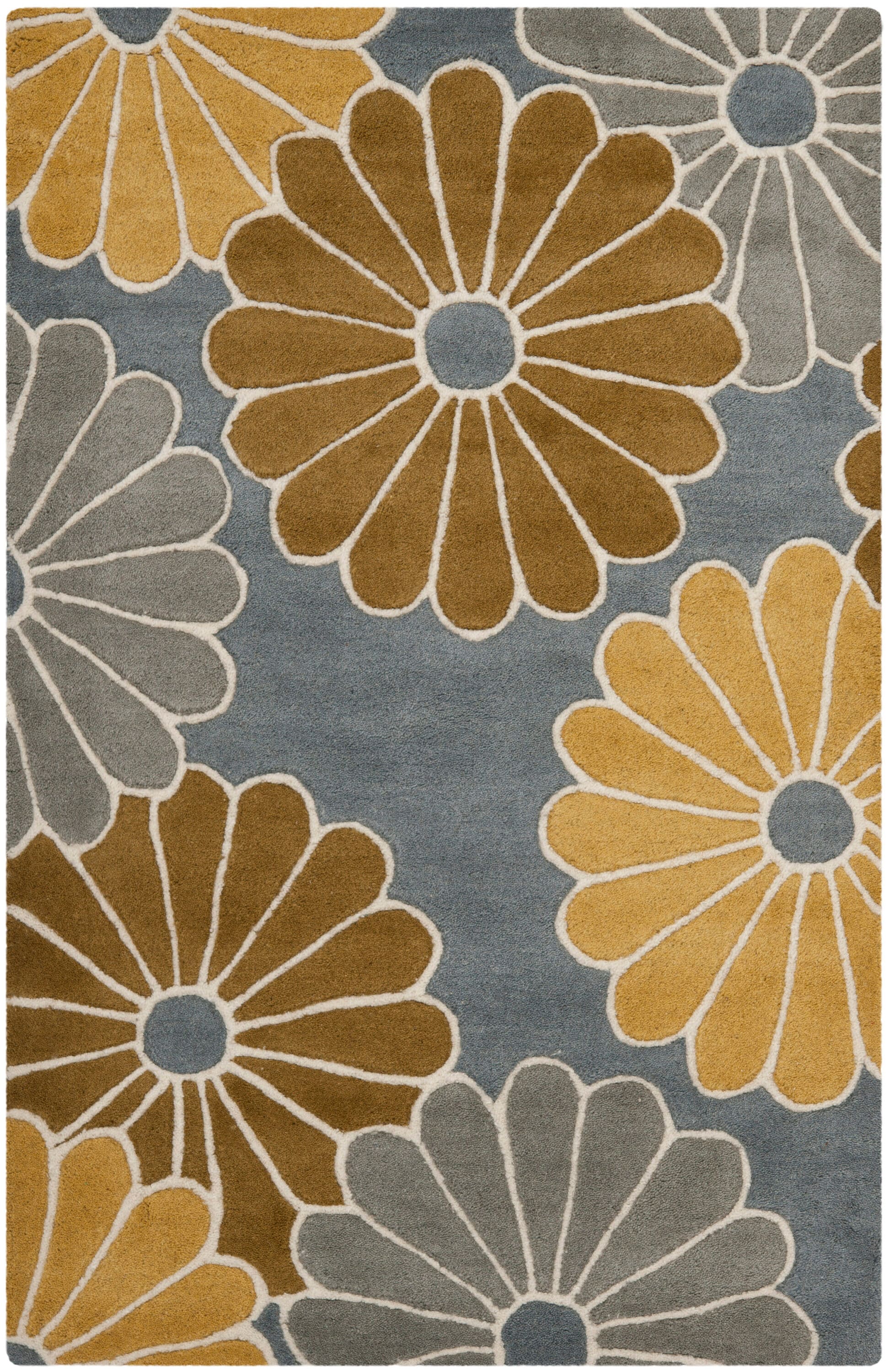 Gray and Yellow Floral Wool and Viscose Area Rug, 2'6" x 4'