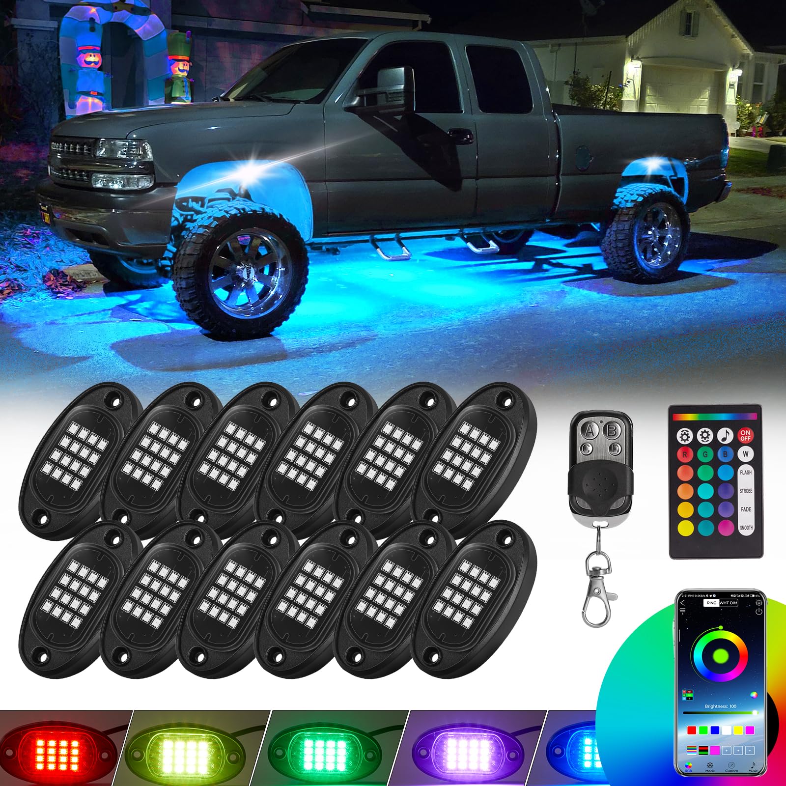 Oyezvary  12 Pods RGB LED Rock Lights for Trucks Golf Cart Pickup Offroad RV UTV ATV SUV Waterproof Multicolor Underglow Kit with APP Music Mode