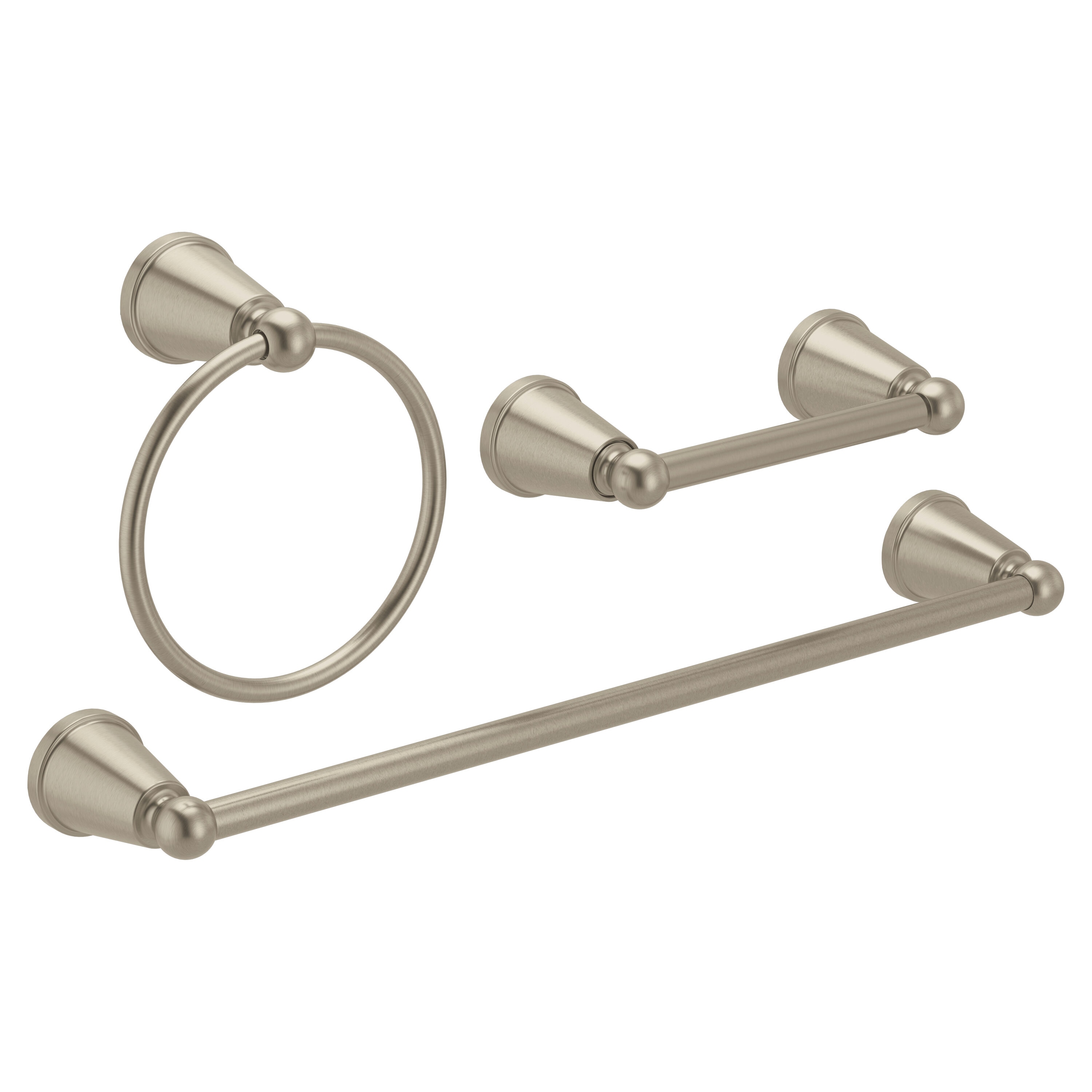 Moen 3 -Piece Caldwell Brushed nickel Decorative Bathroom Hardware Set Towel Bar, Toilet Paper Holder, Towel Ring Included
