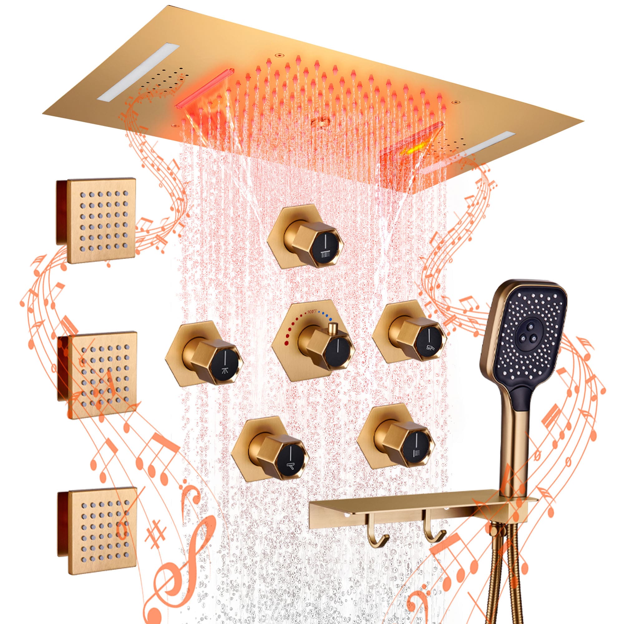 CASAINC KCHS0022-LEDBG 5 Functions Luxury Thermostatic Handheld Shower Fauct System Brushed Gold 22.8-in Waterfall Built-In Shower Faucet System with 5-way Diverter ( Thermostatic Valve Included )