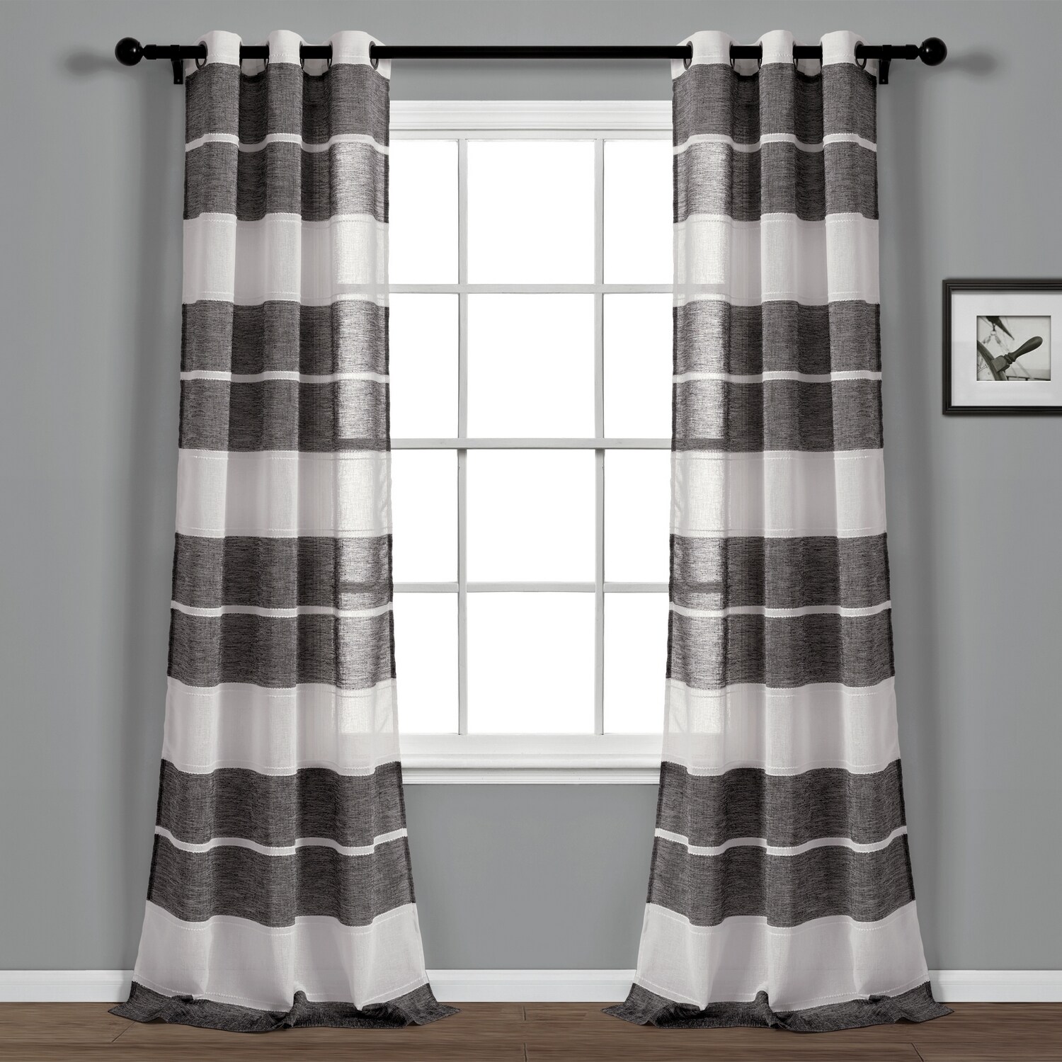 Lush Decor 16T004781 84-Inches Black Floral Sheer Grommet Curtain panel pair