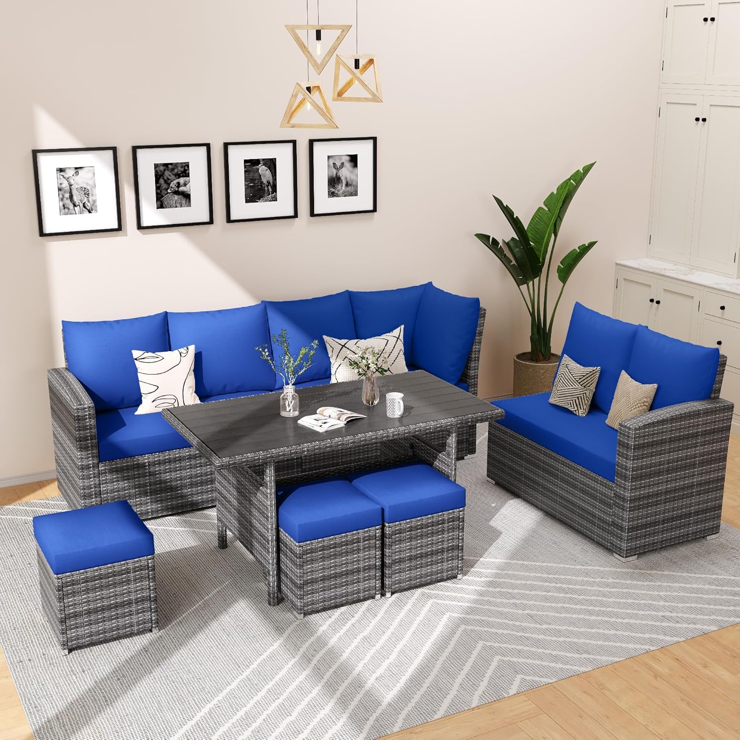 Qeetex LHF-DYQ-PHO-11QSFMV5 7-Piece Patio Furniture Set Outdoor Wicker Sectional Sofa with Washable Cushions Ottomans and Coffee Table Conversation Set for Garden Poolside or Backyard - Blue