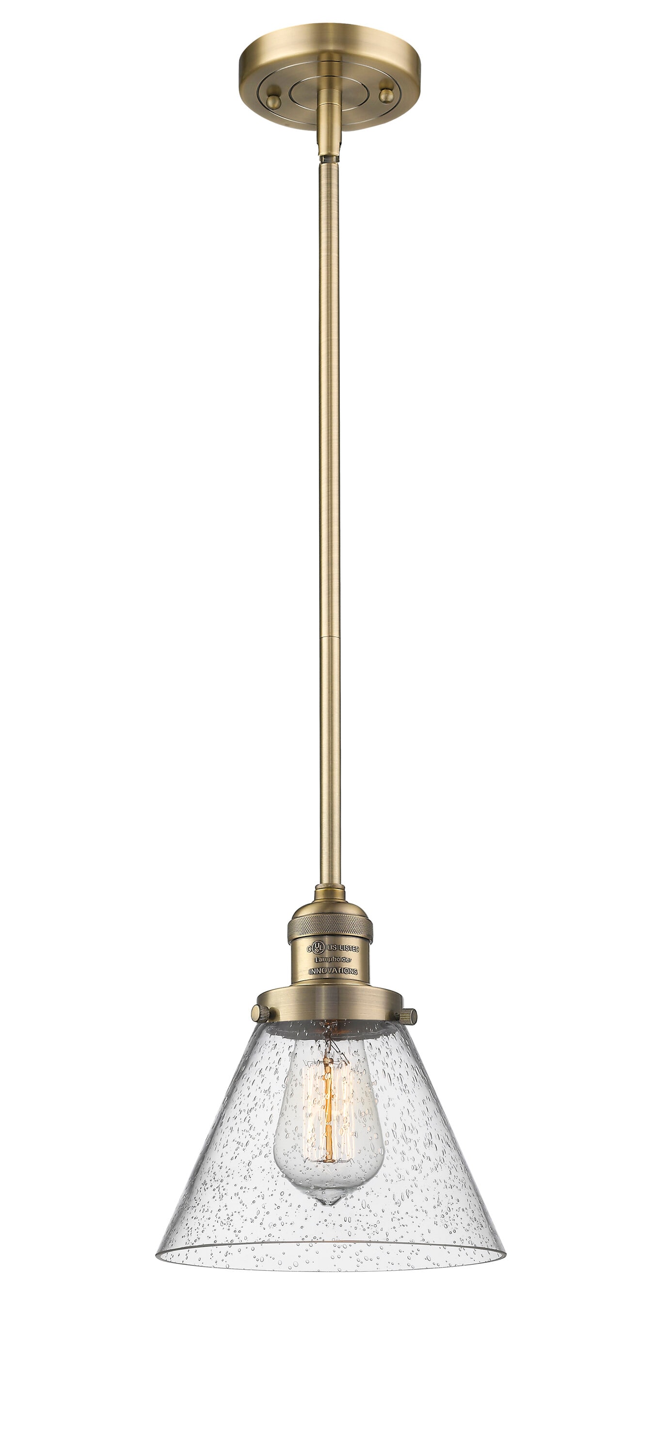Innovations Lighting 201S-BB-G44 Cone Brushed Brass Industrial Seeded glass Cone Medium Hanging Pendant light