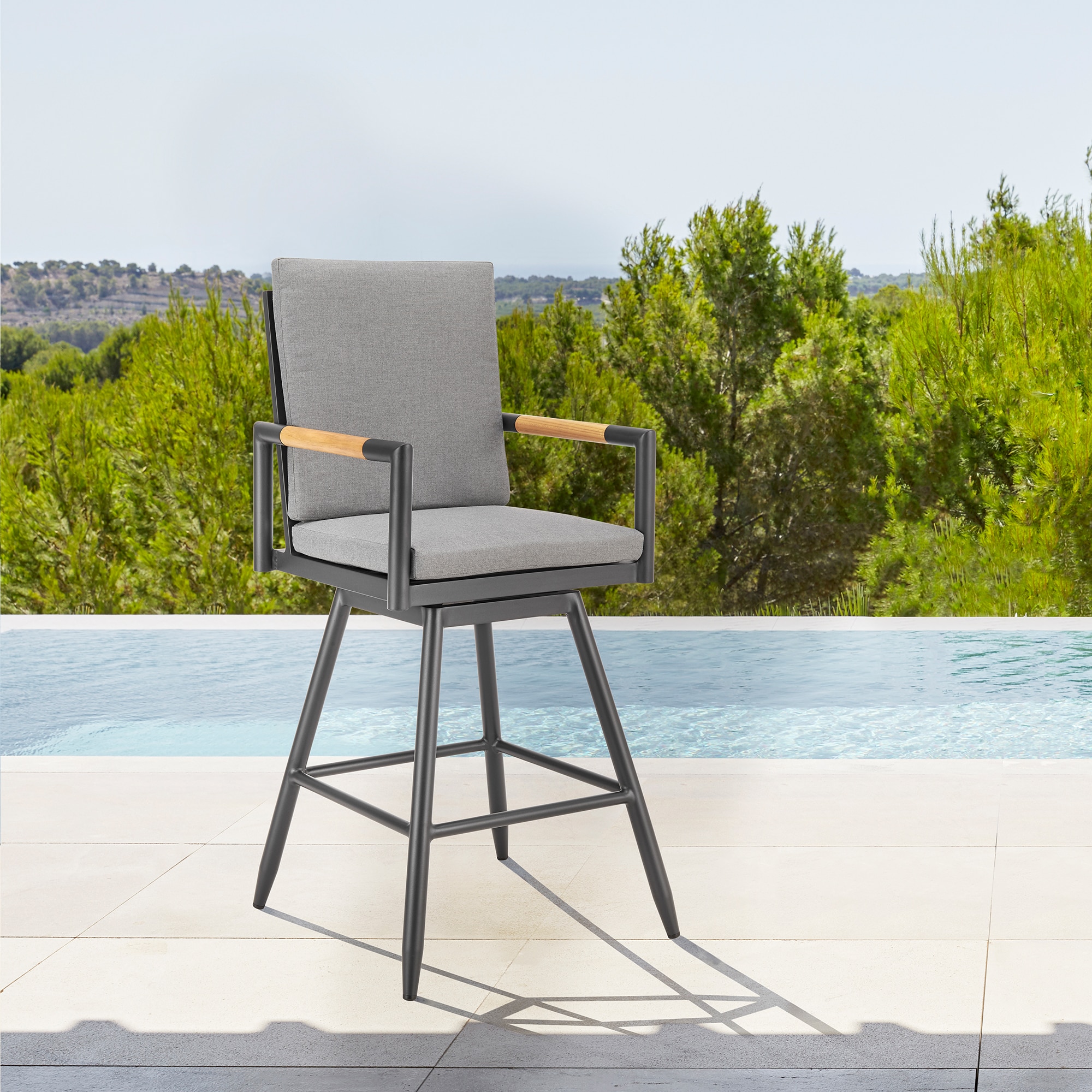 Gray Aluminum Swivel Outdoor Bar Stool with Cushions