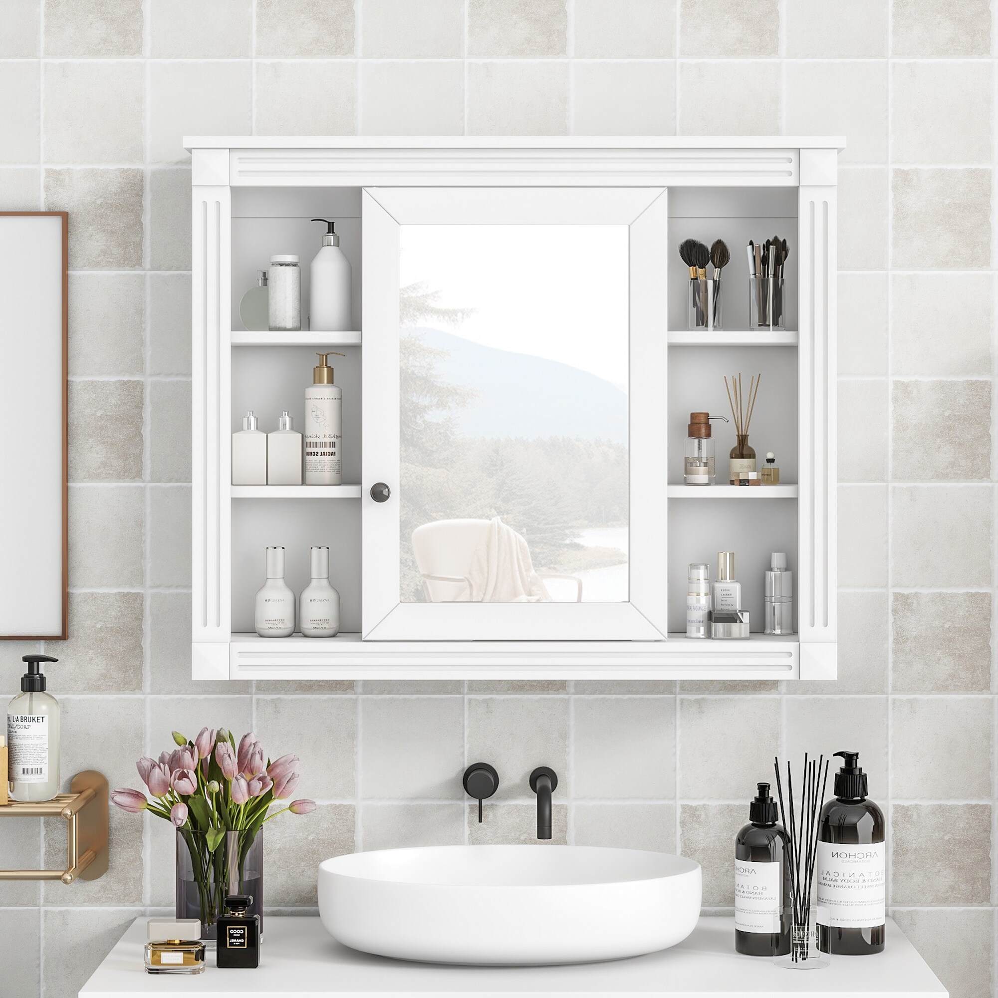 HyperDrop Cart 35-in L x 28-in H Modern Wooden Wall Mounted Bathroom Storage Cabinet Heavy-Duty Medicine Mirror Cabinet With 6 Open Shelves