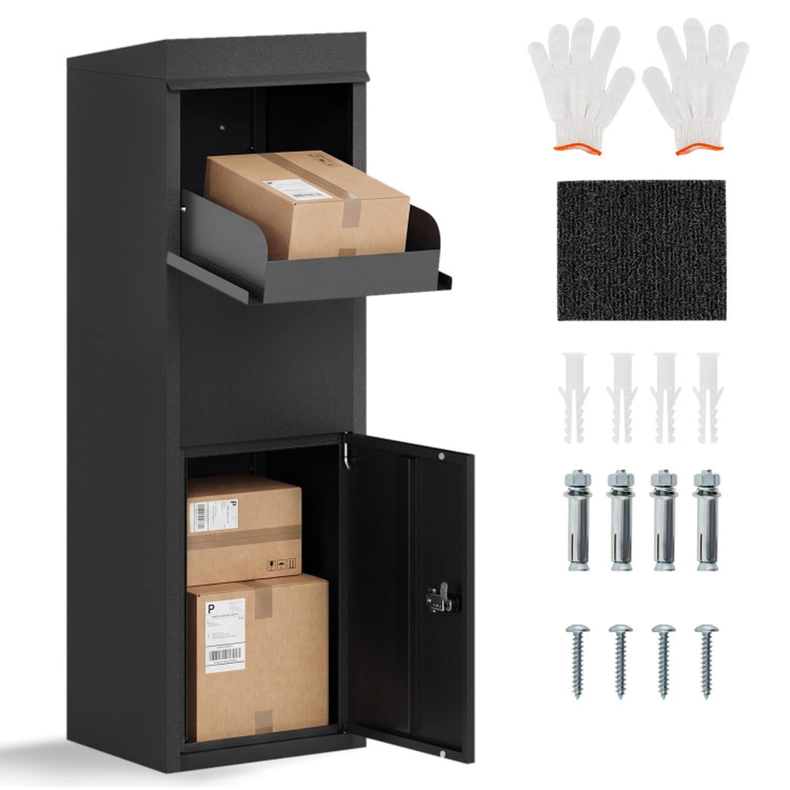 SUGIFT Large Package Delivery Box for Outside with Anti-Theft Baffle Sloped Roof Galvanized Steel Coded Lock 110-lb Capacity Narrow 43.5-in Tall Black