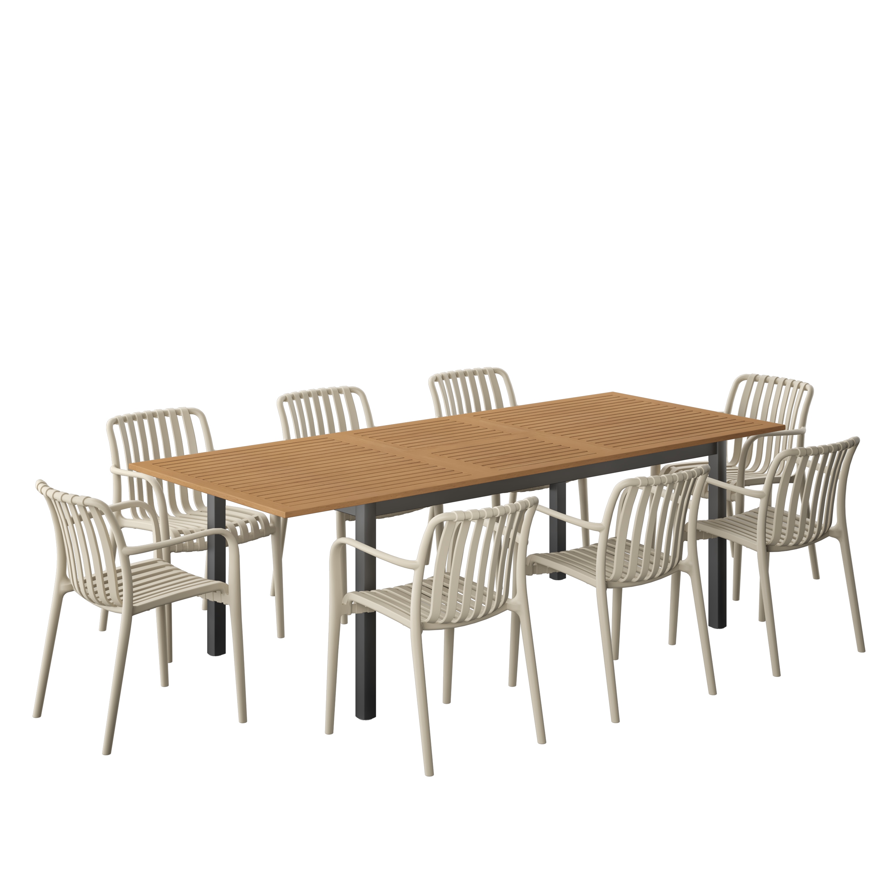 Amazonia LWS-IBIS-8-CURA-SD 9 -Piece Wood Patio Dining Set Extendable Table Wood Rectangle Table with 8 Stackable Stationary and Motion Chairs