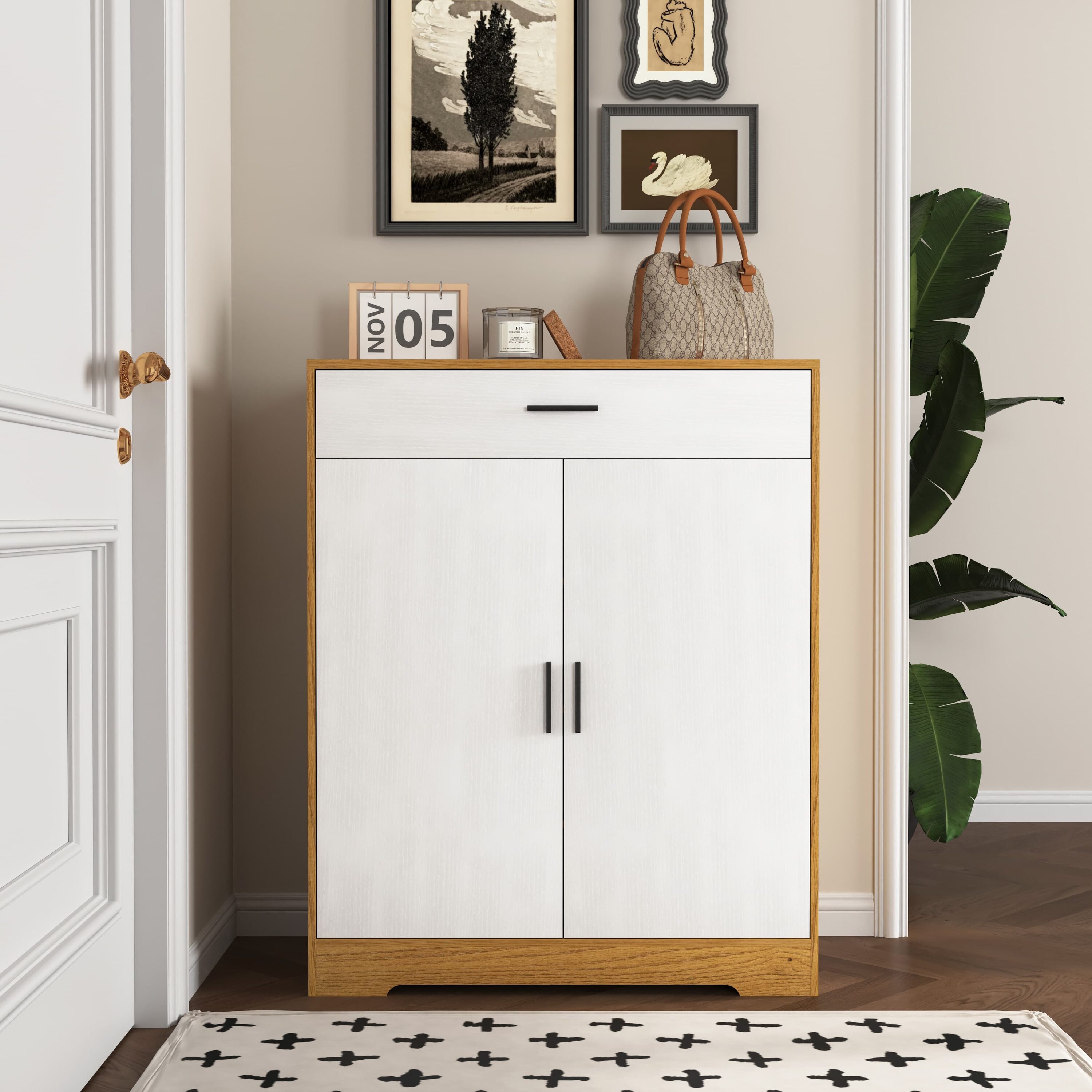 Vynxaria  4 Tier Shoe Cabinet with 1 Drawer 2 White Doors Adjustable Shelves Freestanding Particle Board Storage Organizer for Entryway Hallway Natural