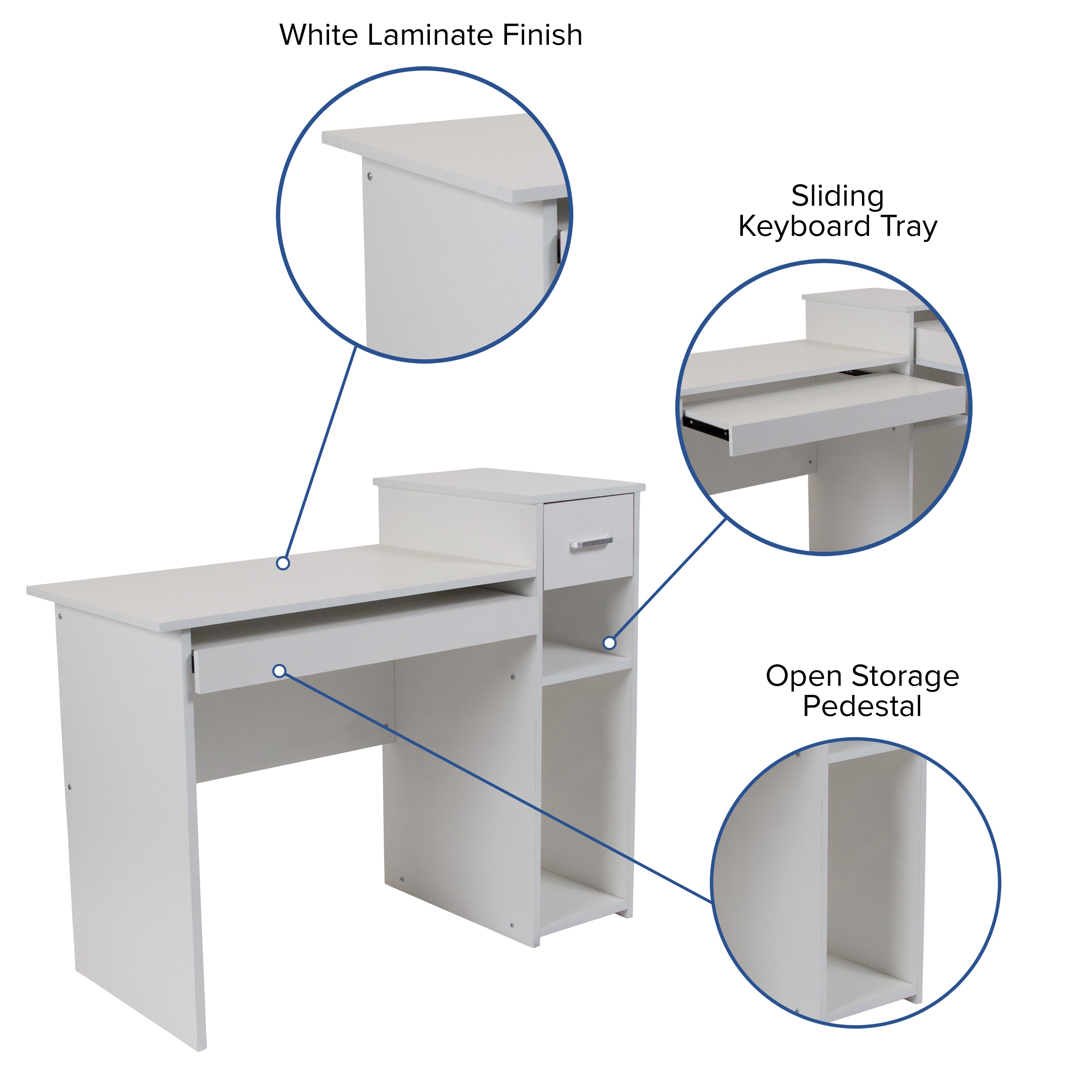 White Wood Computer Desk with Drawer and Keyboard Tray