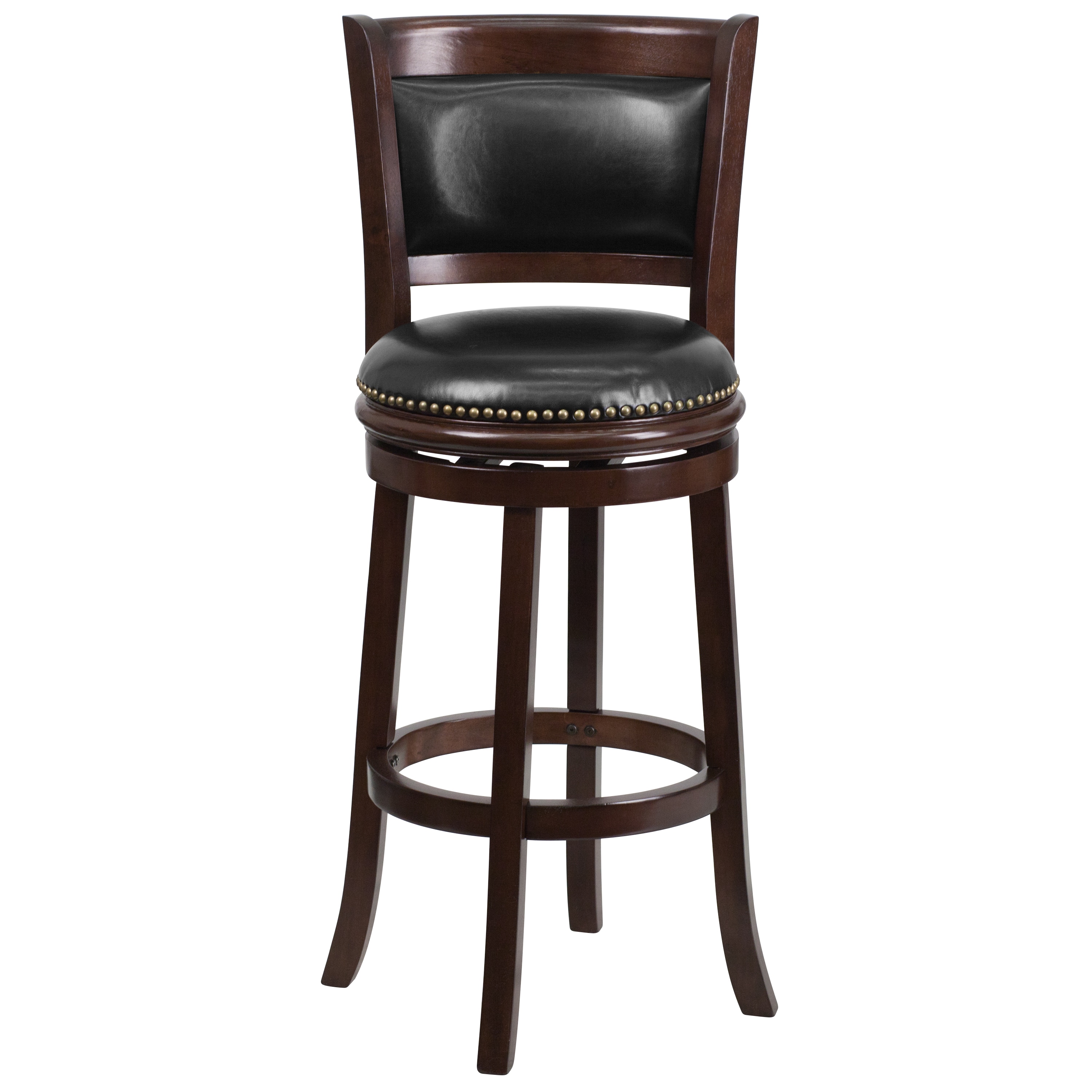 Elegant 43'' Black Leather and Cappuccino Wood Swivel Barstool