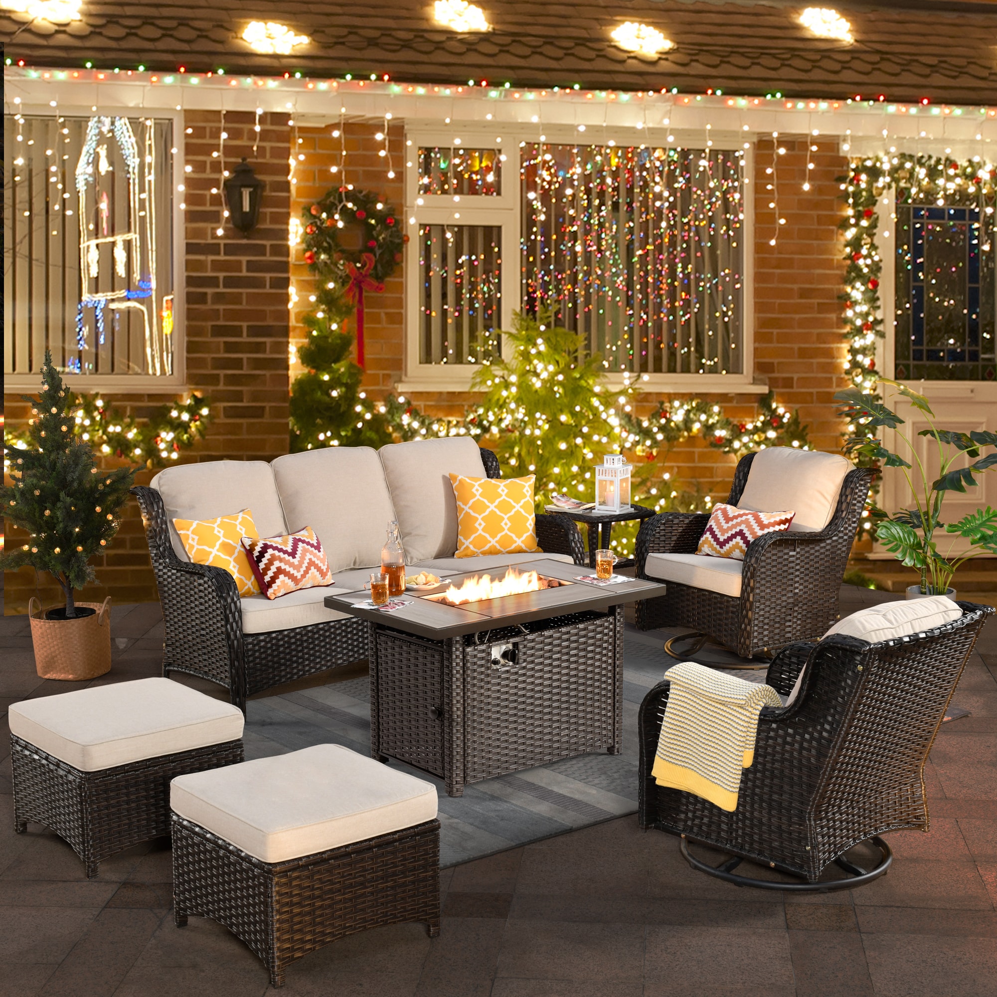 Pouuin SRFPNTC70-7 7 -Piece Wicker Patio Sofa Conversation Set with Beige Cushions