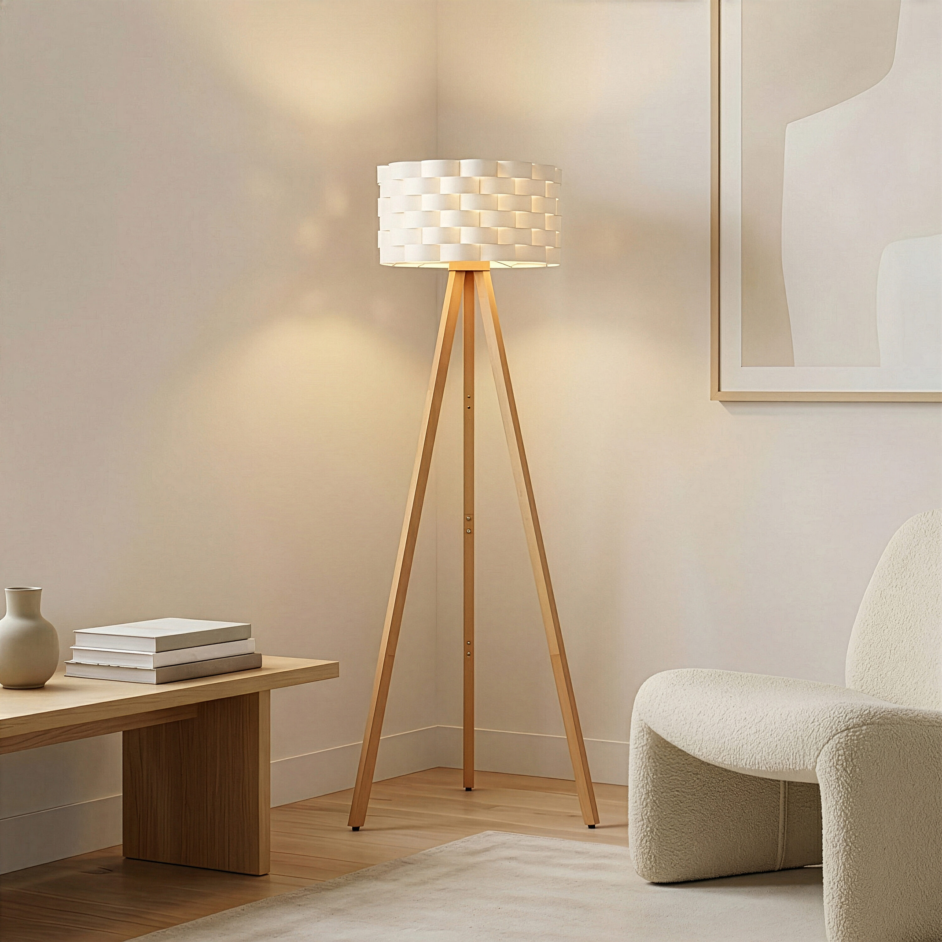 Brightech 60-in Natural Wood Tripod Floor Lamp with Plastic Shade