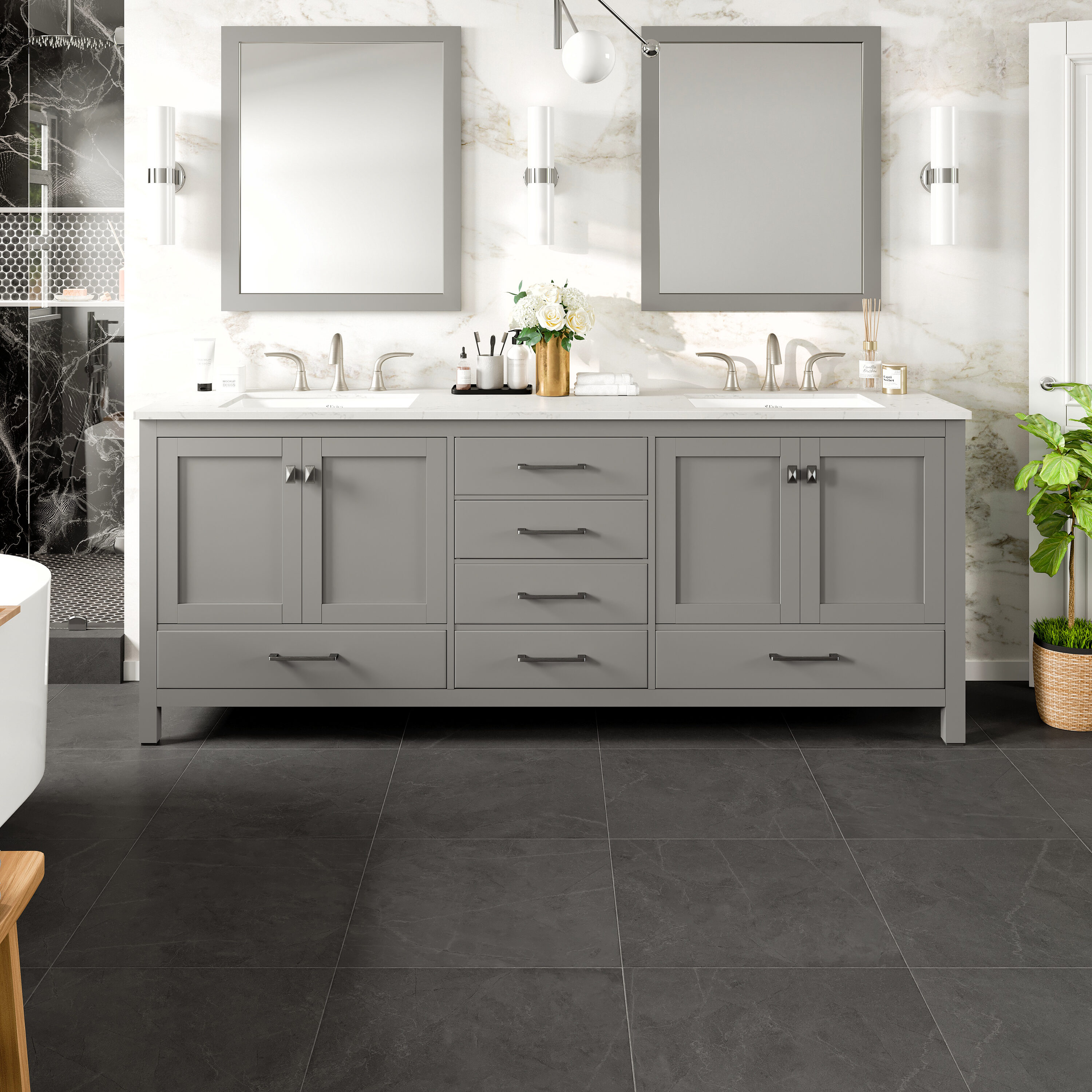 Eviva EVVN412-84GR Aberdeen 84-in Gray Undermount Double sink Bathroom Vanity with White Quartz Top