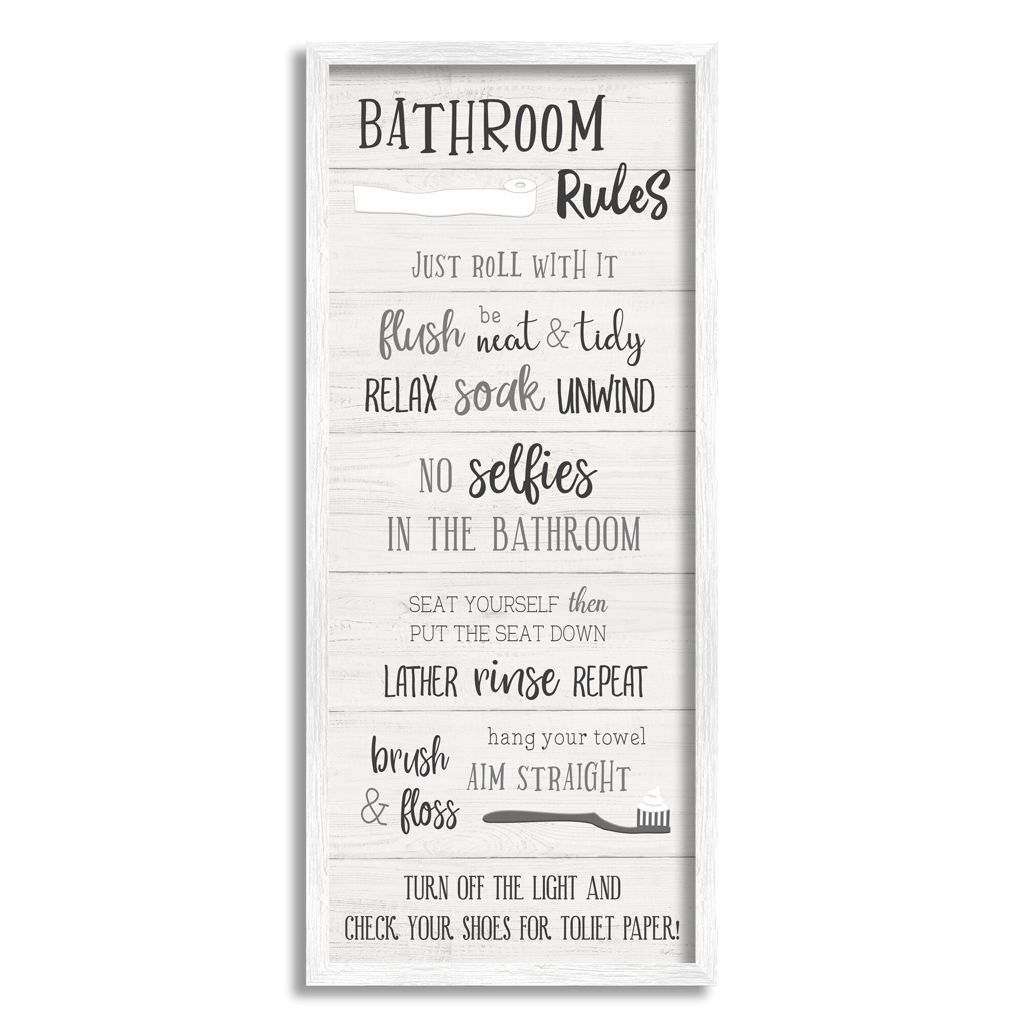 Stupell Industries AF-567-WFR-10X24 Bathroom Rules Sign Toilet Paper Fun Phrases Natalie Carpentieri White Wood Framed 24-Inches H x 10-Inches W Bath Canvas Print