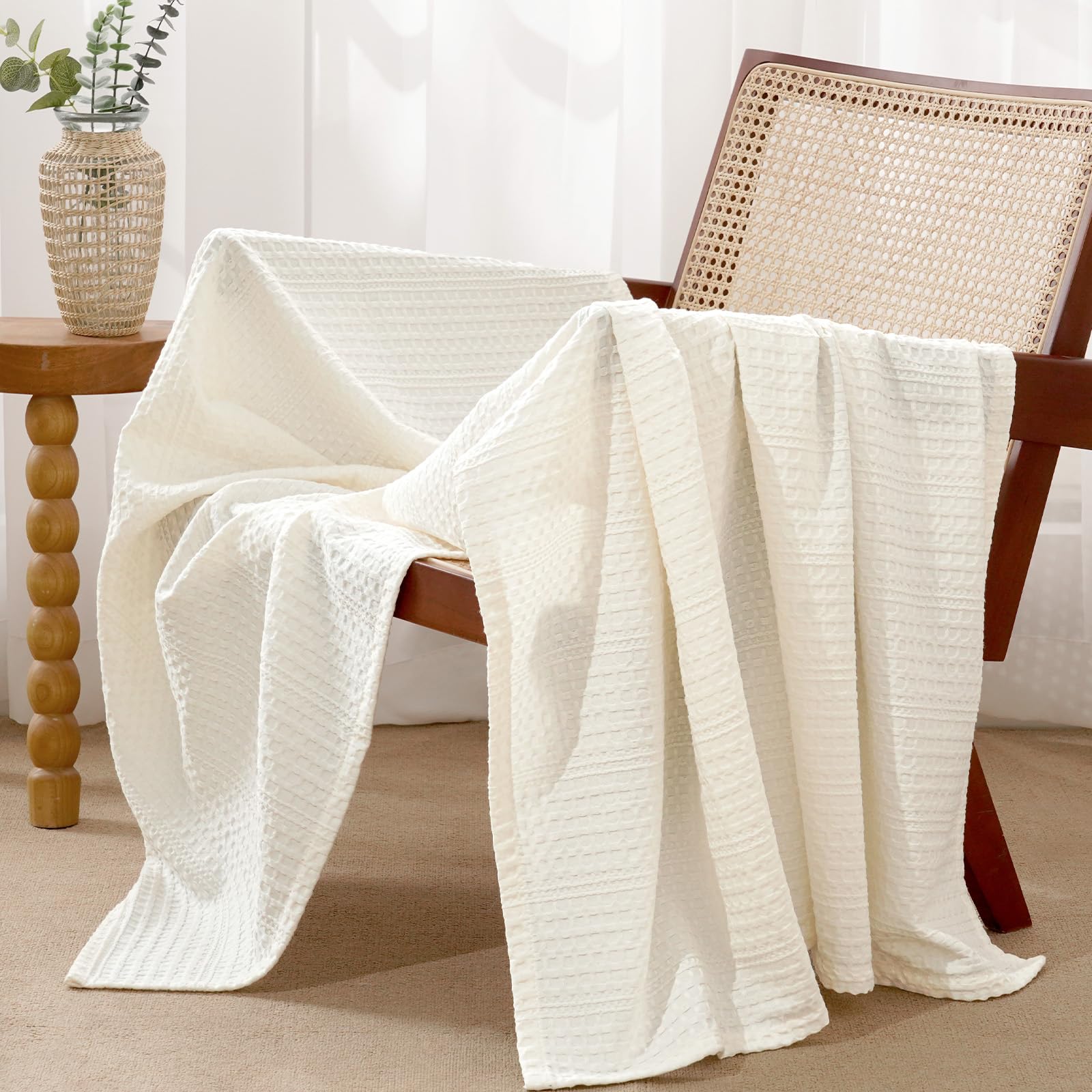 PUPWE - Cream Throw 50x60 in Lightweight Waffle Weave Blanket Soft Breathable Pet Friendly Versat...